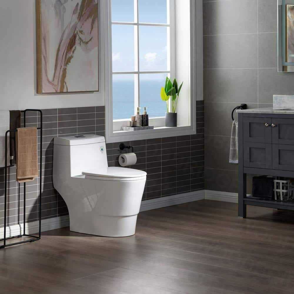 WOODBRIDGE Everette 1-piece 1.1/ 1.6 GPF Dual Flush Elongated Toilet in White with Seat Included and Flush - Cheap Fitting