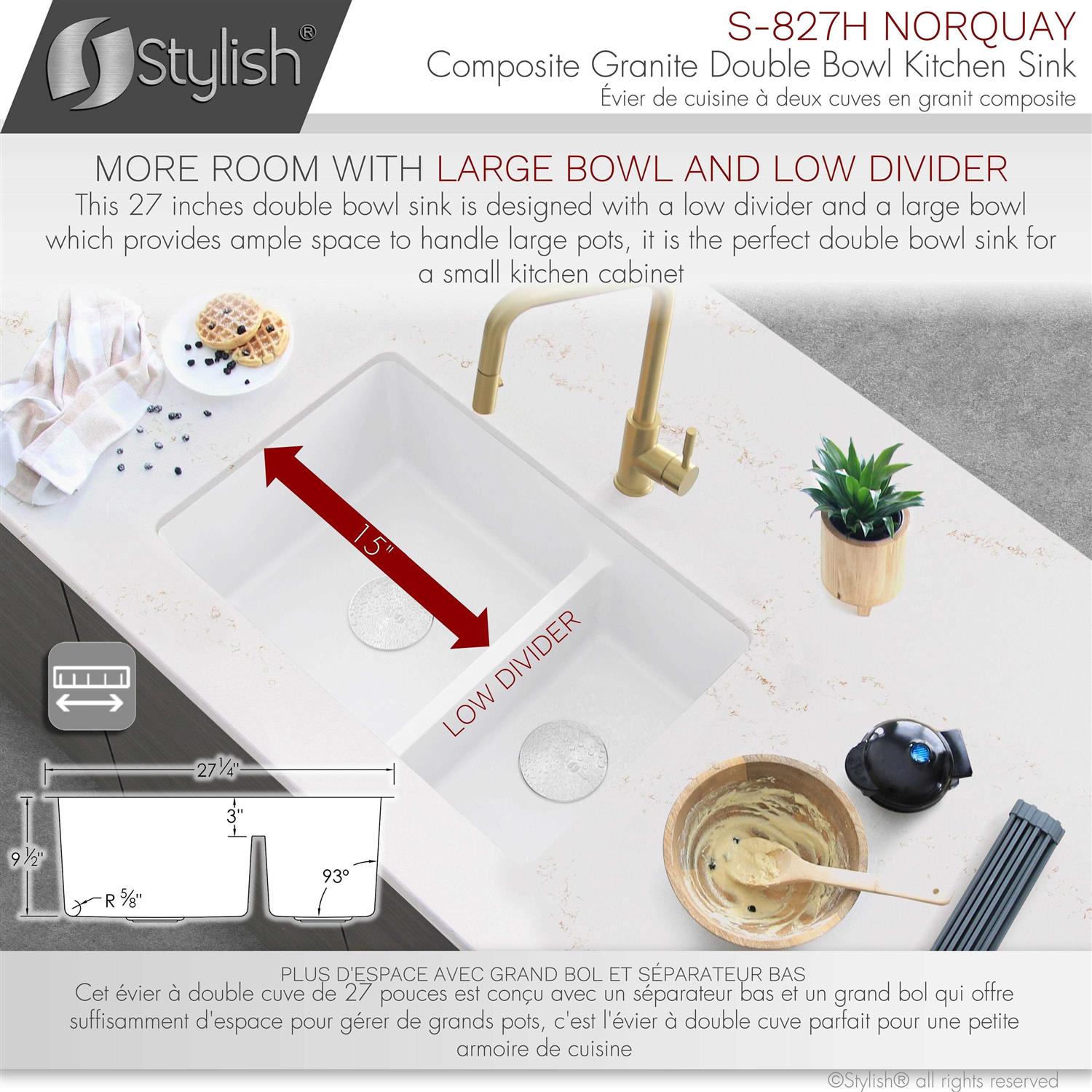 Stylish 27 inch Dual Mount 60/40 Double Bowl Composite Granite Kitchen Sink with Strainer - Cheap Fitting