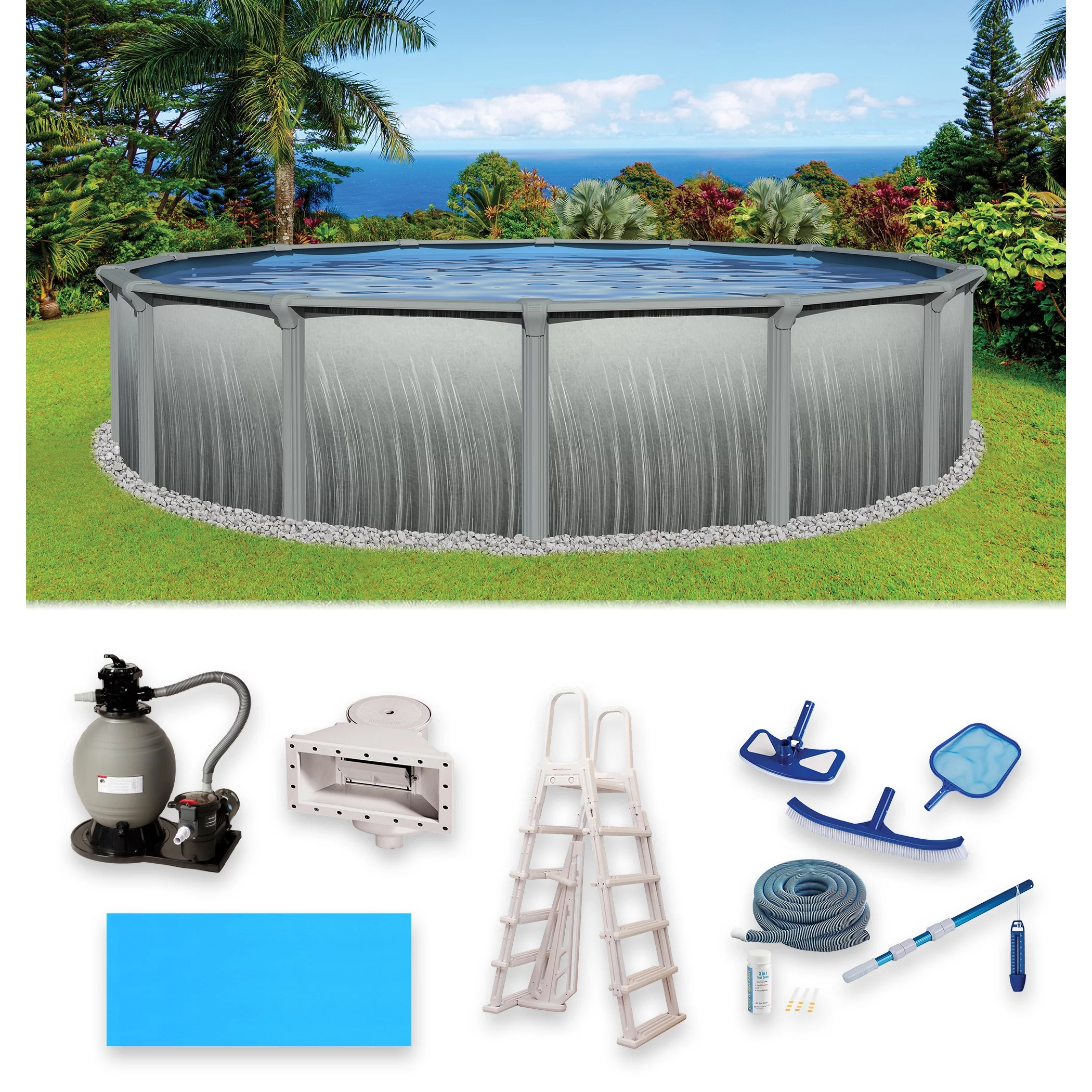 Blue Wave Martinique 15-ft Round 52-in Deep 7-in Top Rail Metal Wall Swimming Pool Package - Cheap Fitting