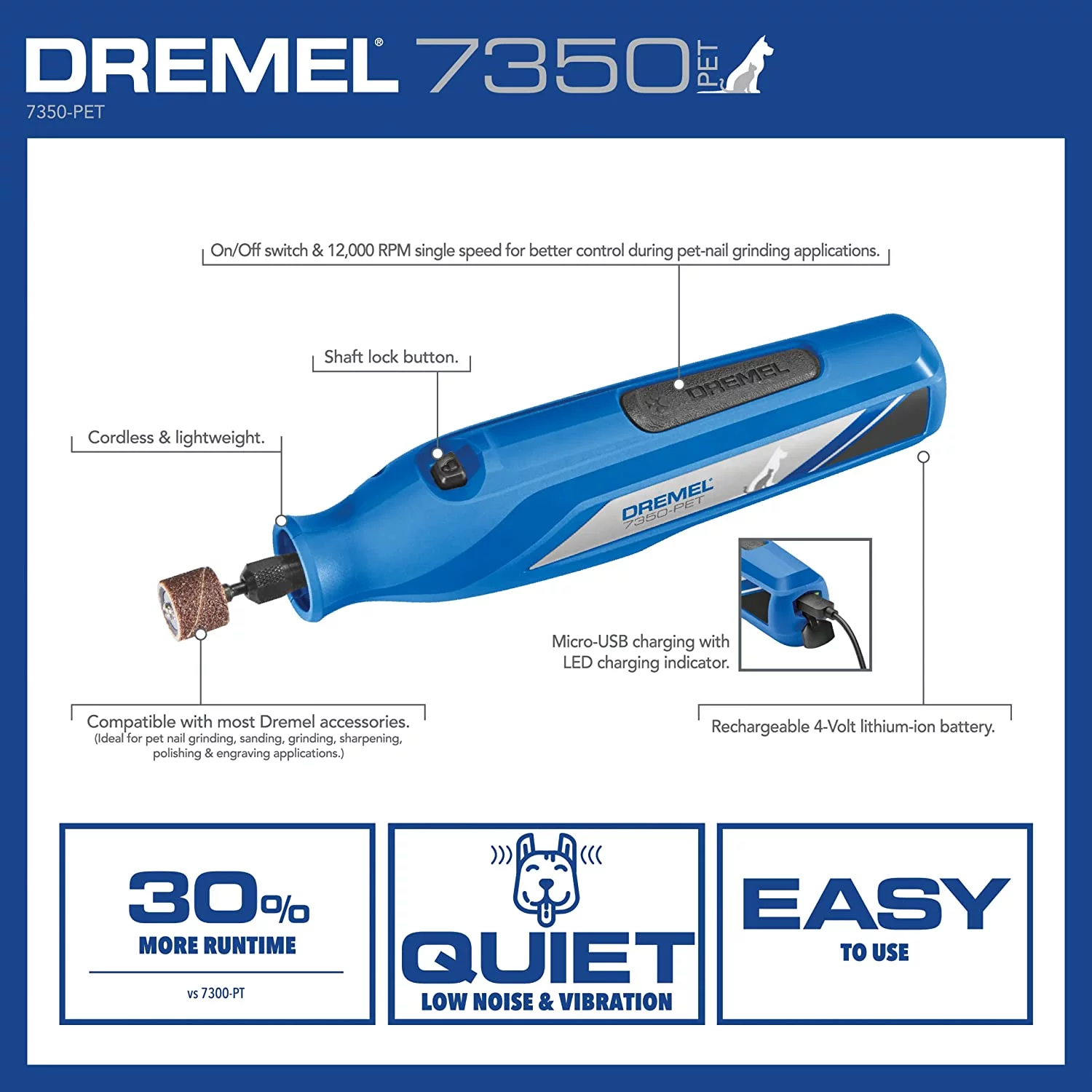 Dremel 7350-Pet 4V Pet & Dog Nail Grinder, Easy-to-Use & Safe Nail Trimmer, Professional Pet Grooming Kit - Works on Large, Medium, Small Dogs & Cats - Cheap Fitting
