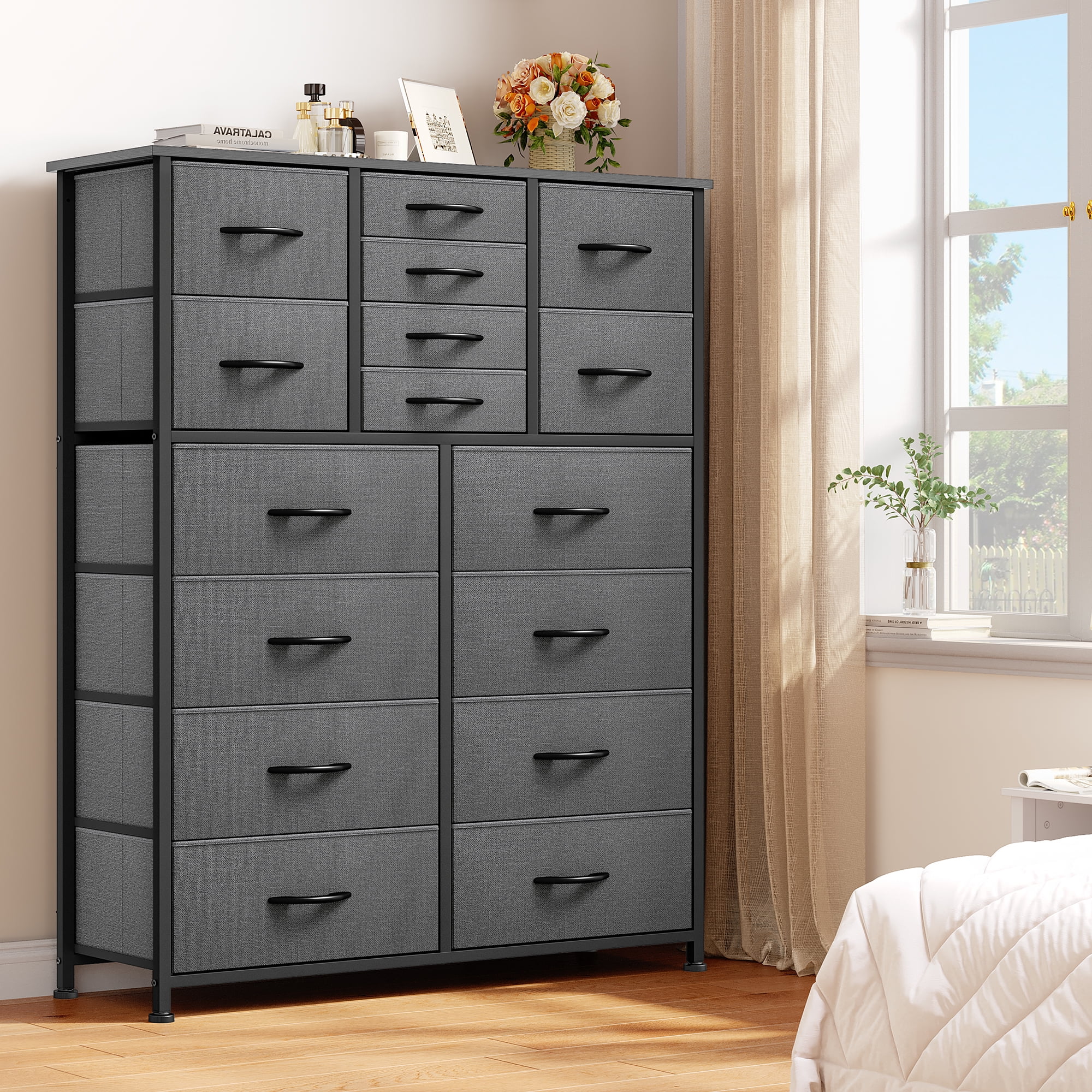 Dextrus 16 Drawer Dresser, Tall Fabric Dresser for Bedroom, Large Chest of Drawers, with Sturdy Metal Frame and Wooden Top - Cheap Fitting