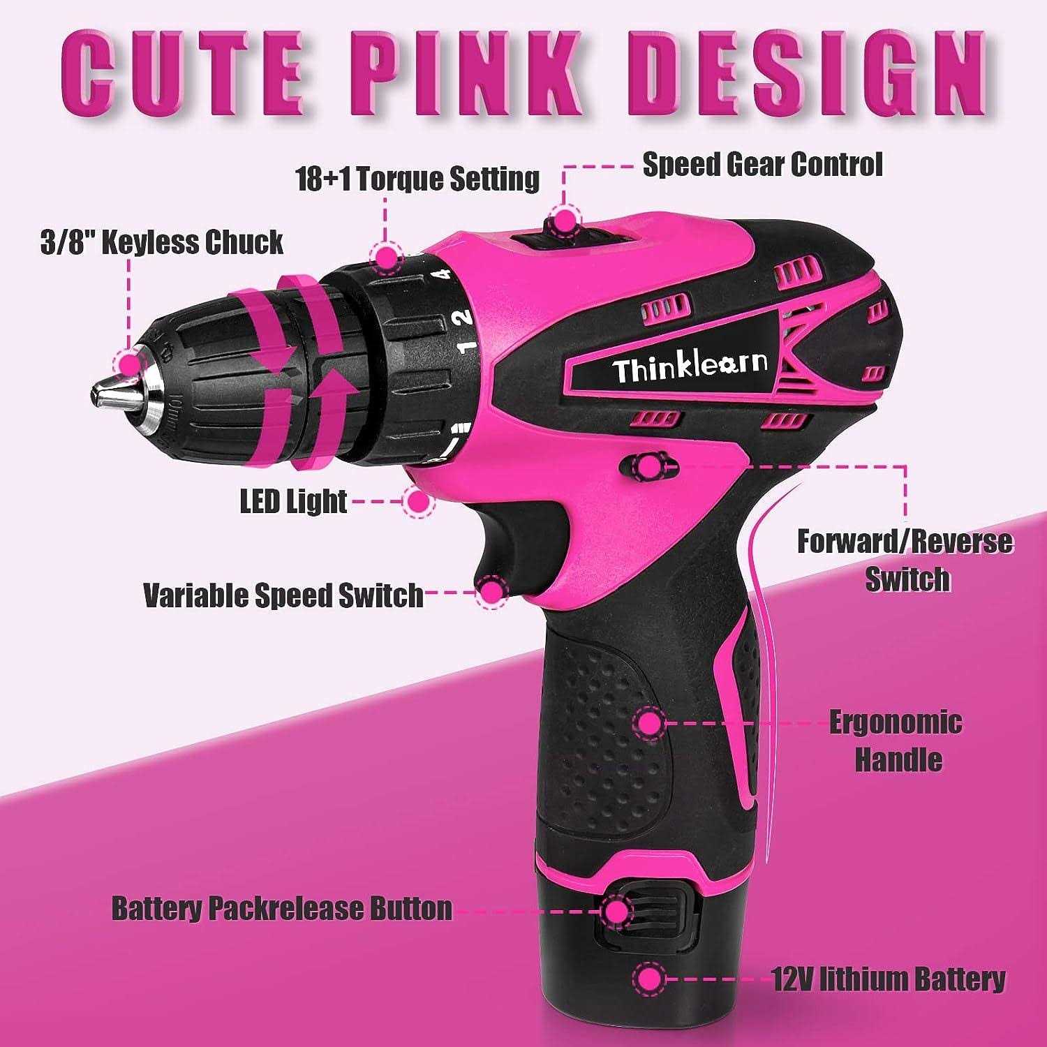 ThinkLearn Pink Drill Set for Women, 137 Piece Hand and Power Tool Set with 12V Cordless Drill - Cheap Fitting