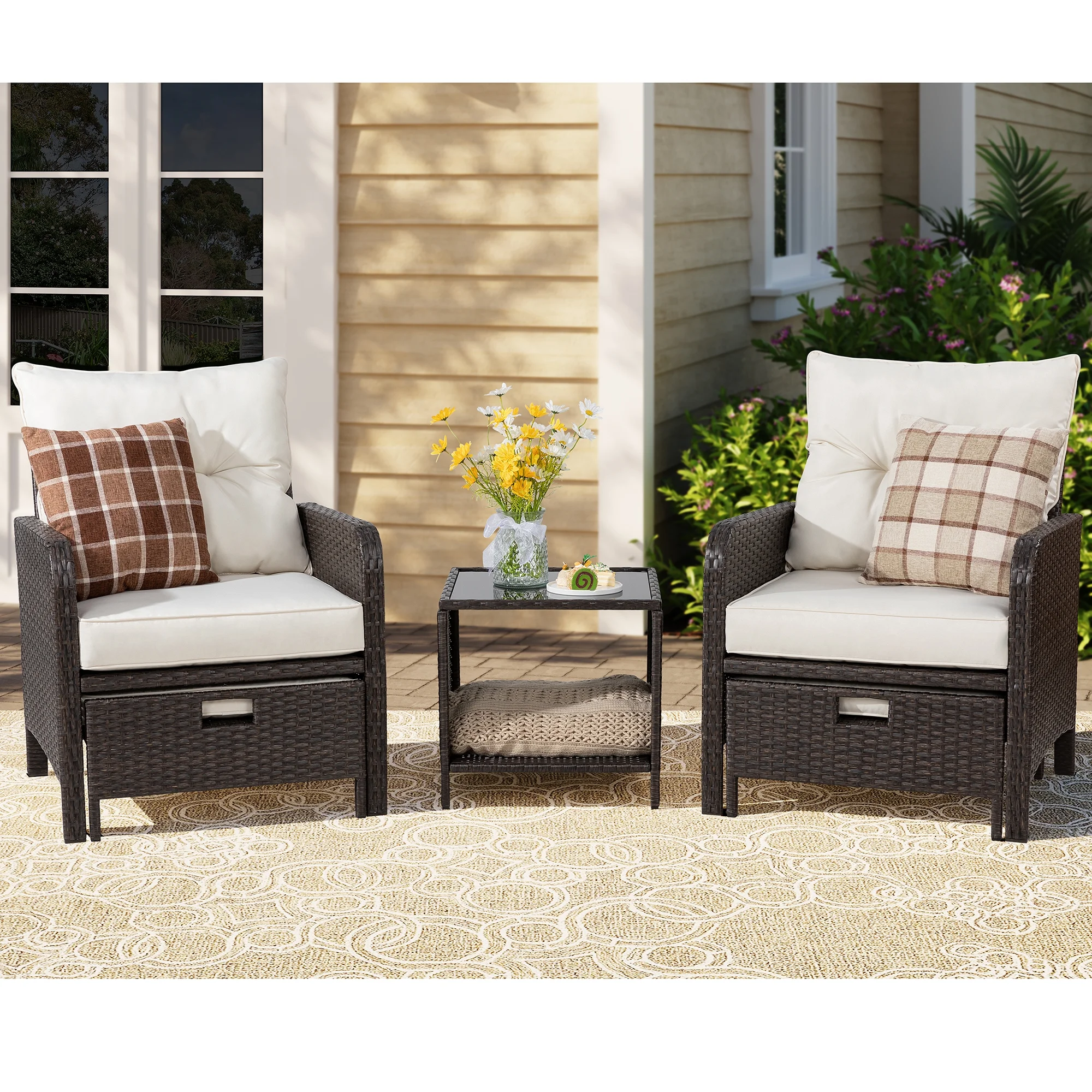 Sobaniilo 5 Piece Patio Furniture Set, Outdoor PE Wicker Chairs for Two with Ottoman Underneath(Beige) - Cheap Fitting