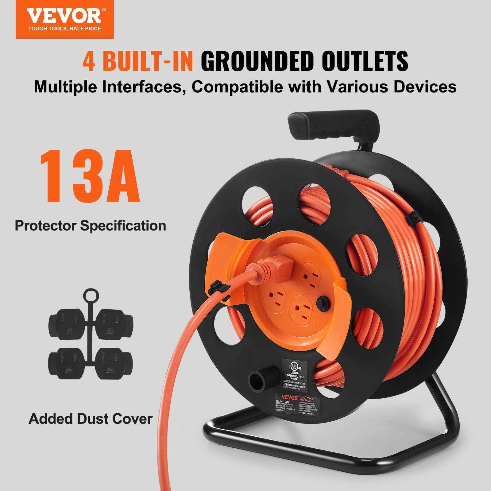 VEVOR Extension Cord Reel, 100FT, with 4 Outlets and Dust Cover Heavy Duty SJTOW Power Cord - Cheap Fitting