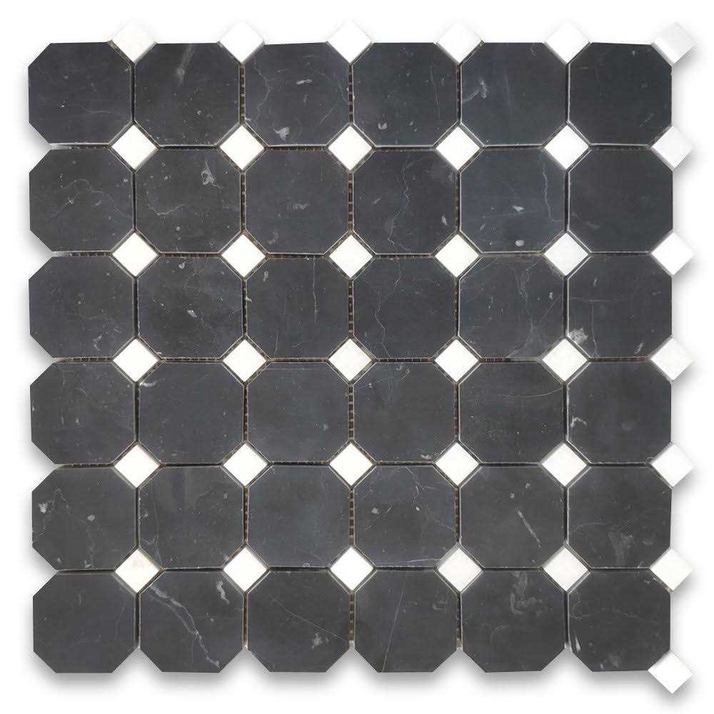 Marble Online 2 Octagon Nero Marquina Black Marble Mosaic Tile Thassos White - Cheap Fitting