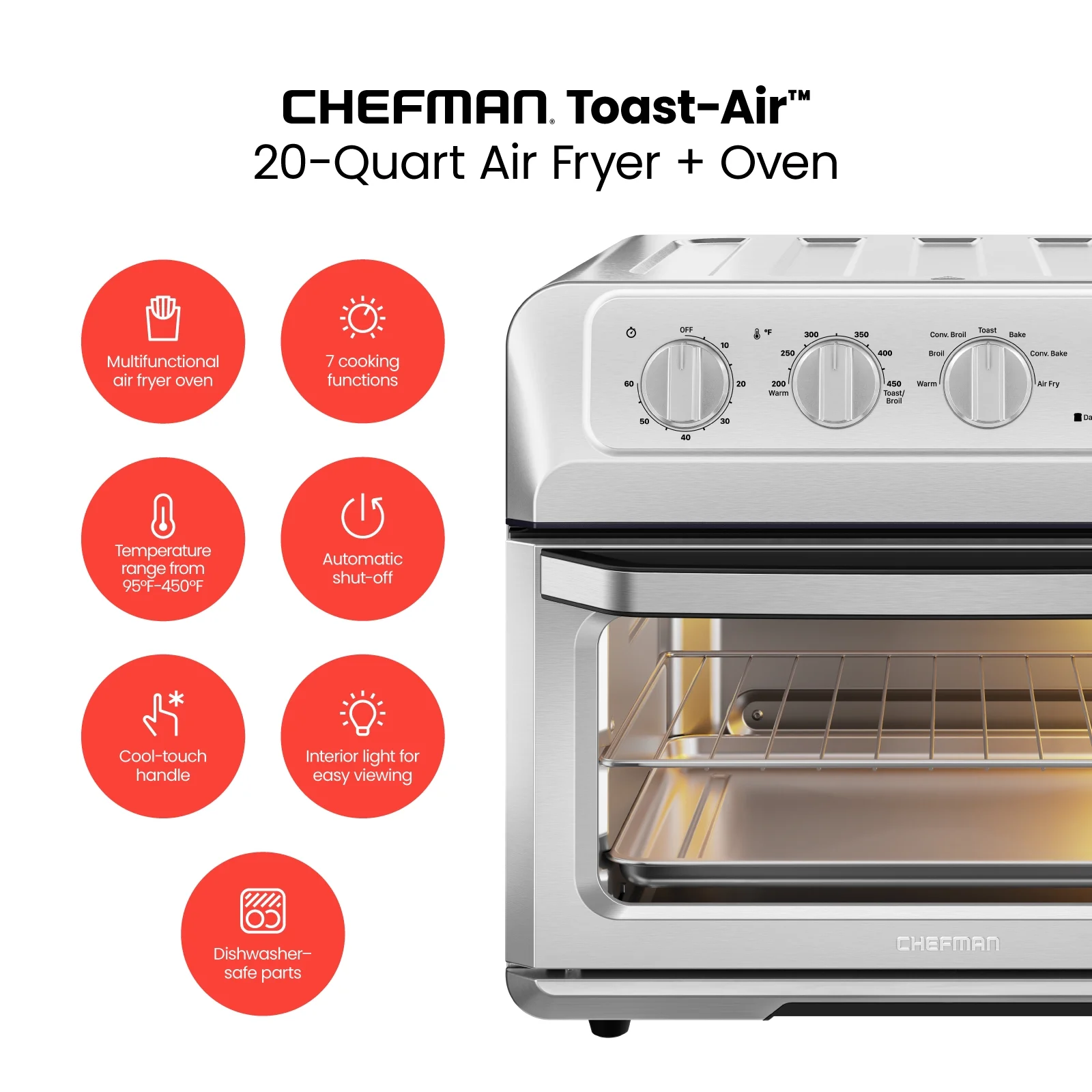 Chefman Air Fryer + Toaster Oven Combo, 7-in-1 Countertop Convection, 20 Qt Capacity - Stainless Steel, New - Cheap Fitting