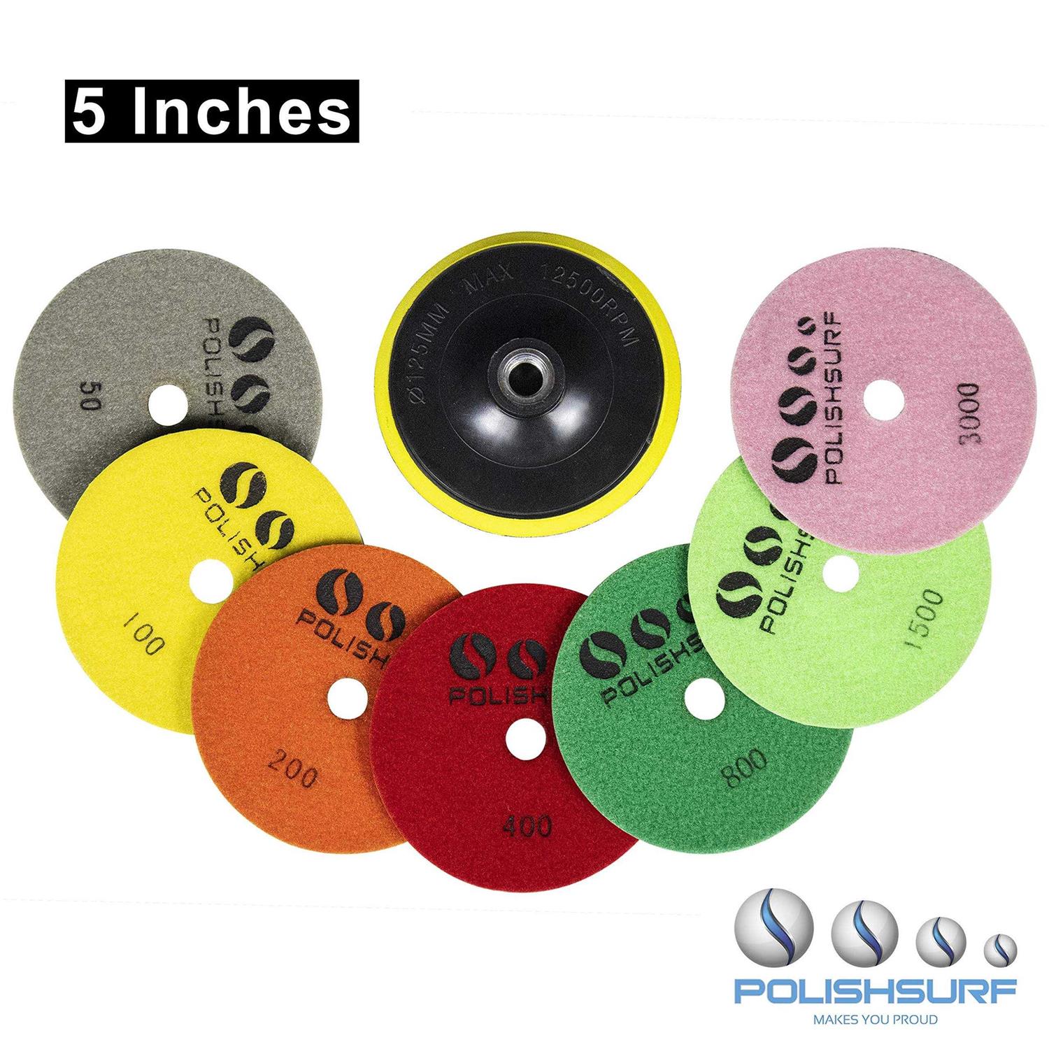 POLISHSURF Diamond Polishing Pads 5 Inch Wet Dry Set 8 Pieces for Marble Quartz Stone Countertop Granite Concrete Polishing - Cheap Fitting