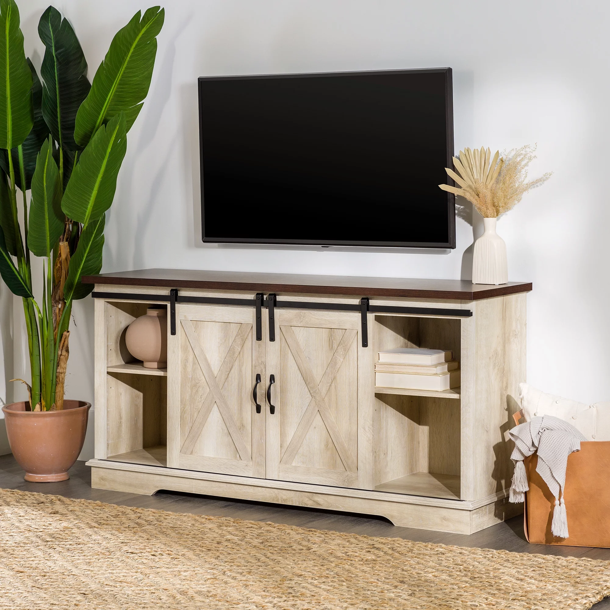 Woven Paths Farmhouse Sliding Barn Door TV Stand for TVs up to 65