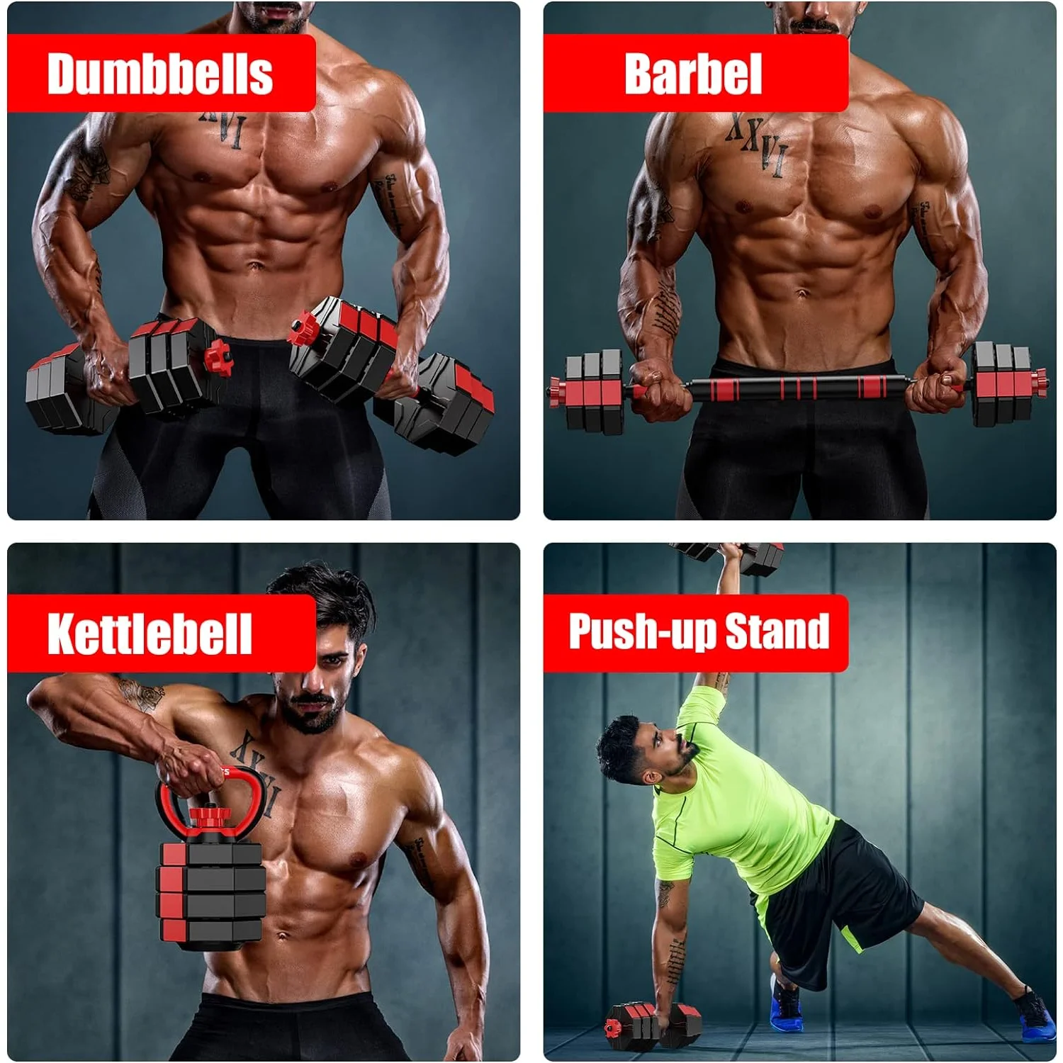 BESTSLE Smart Dumbbells Set , 44 lbs. 4-in-1 Adjustable Interchangeable Dumbbell, Barbell, and Kettlebell Weight Set, Black+Red - Cheap Fitting