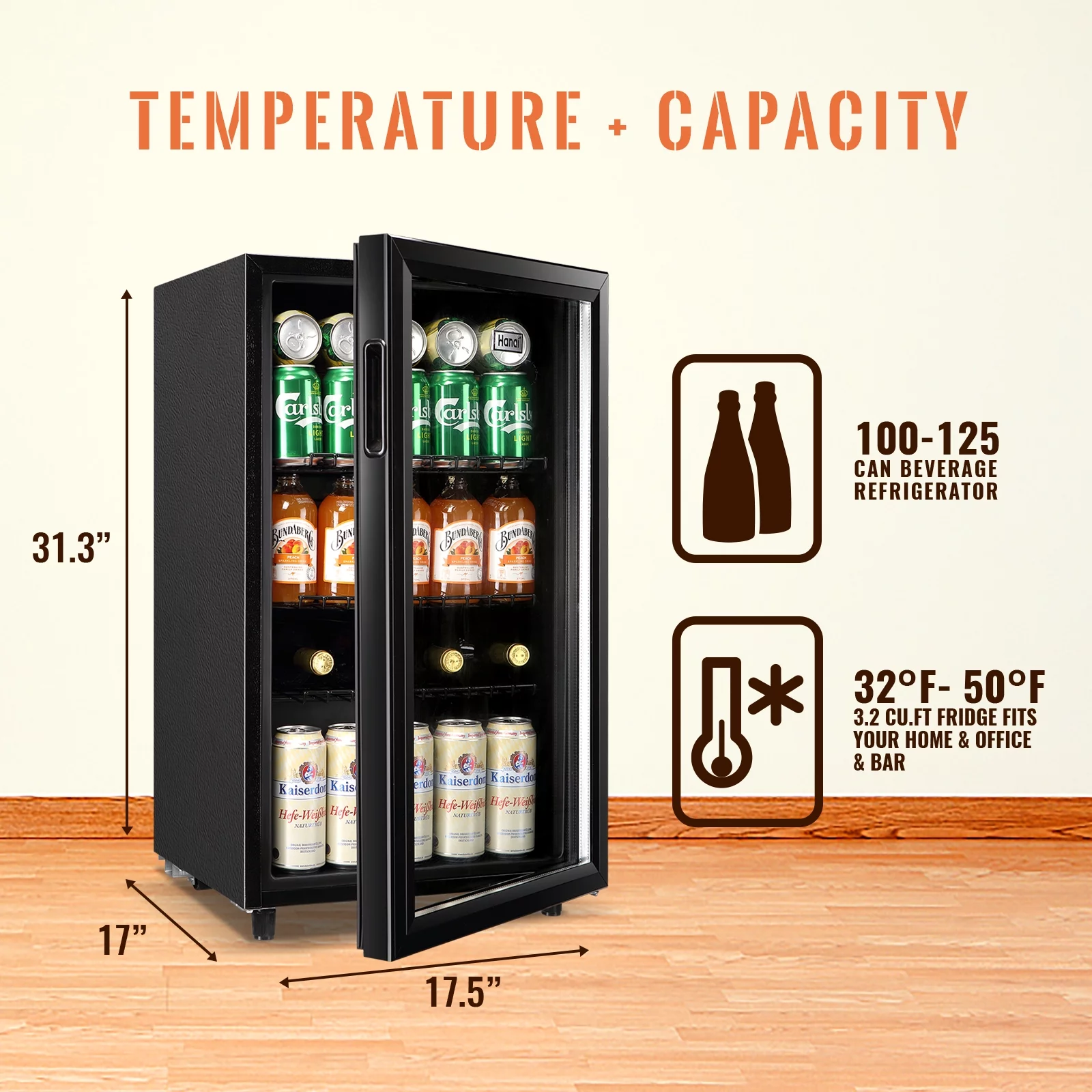 Beverage Refrigerator Cooler 60 Cans WANAI 1.7 Cu.ft Mini Fridge, Glass Door Home Bar Office Dorm - Cheap Fitting