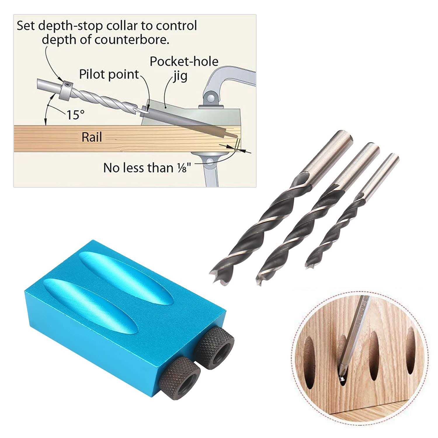 15pcs Pocket Hole Jig 15 Degree Dowel Drill Joinery Kit Hole Screw Jig with 6/8/10mm Drive Adapter for Woodworking Angle Drilling Holes - Cheap Fitting