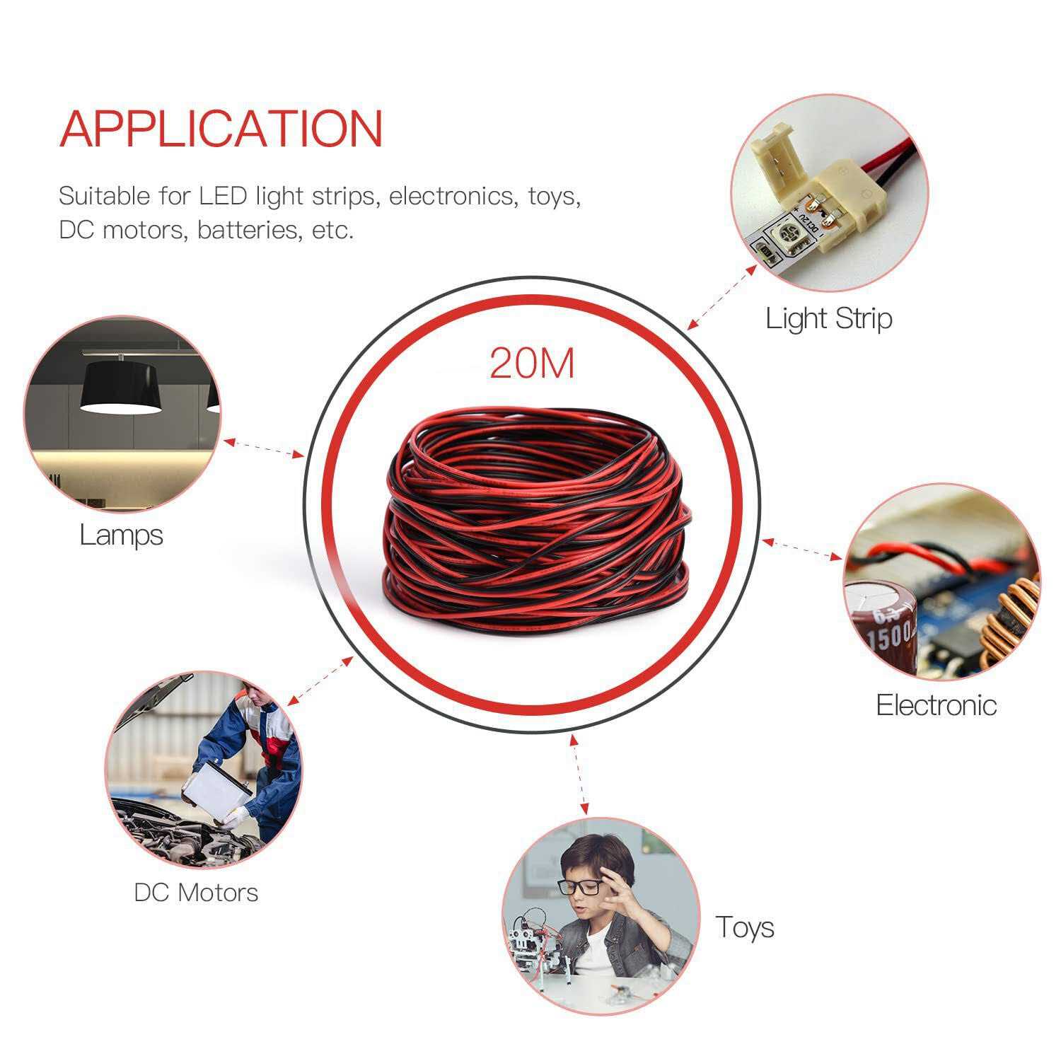 65.6ft Extension Cable Wire Cord JACKYLED 20M 22AWG Wire Cord for Single Color LED Strips 22/2 Low Voltage Extension, Black and Red - Cheap Fitting