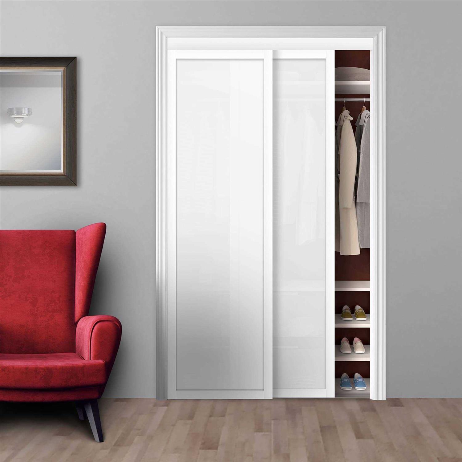 TRUporte 80 in. White Twilight Frosted Glass MDF Wood Sliding Closet Door EU3220PWFGE - Cheap Fitting