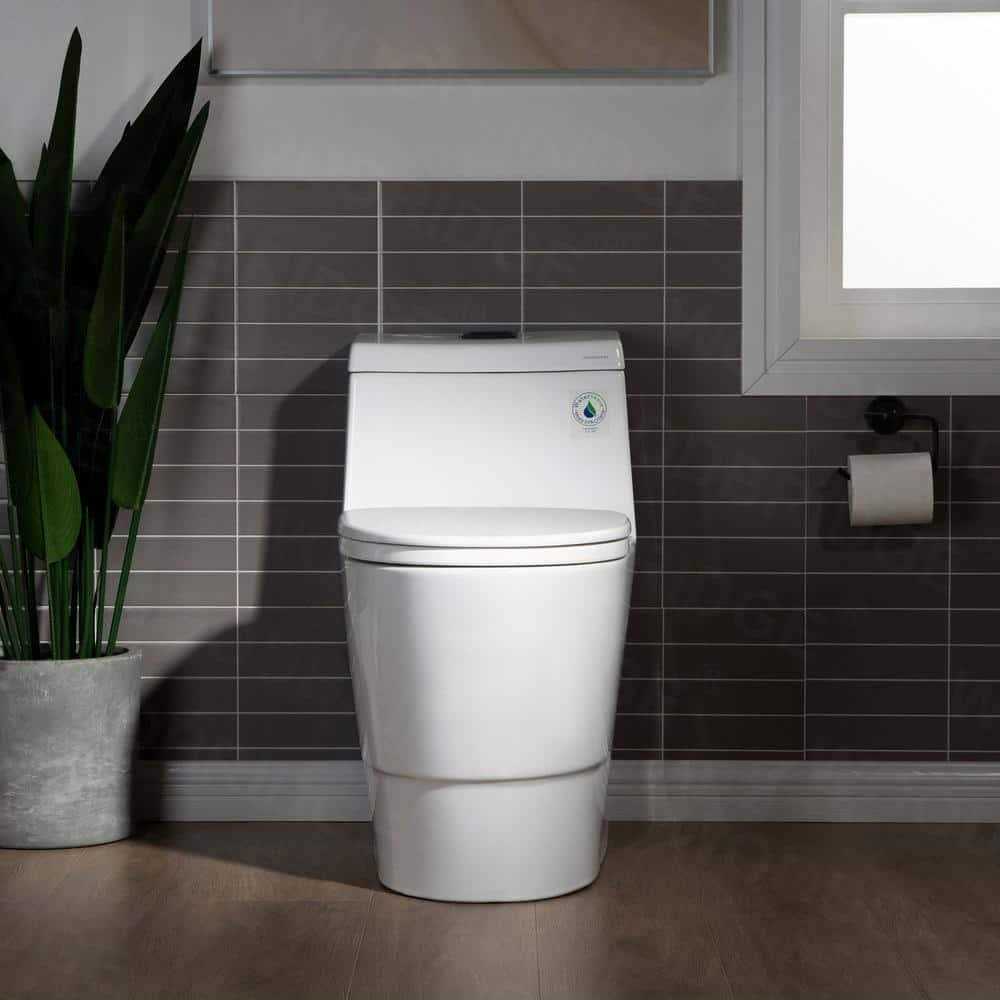 WOODBRIDGE Everette 1-piece 1.1/ 1.6 GPF Dual Flush Elongated Toilet in White with Seat Included and Flush - Cheap Fitting