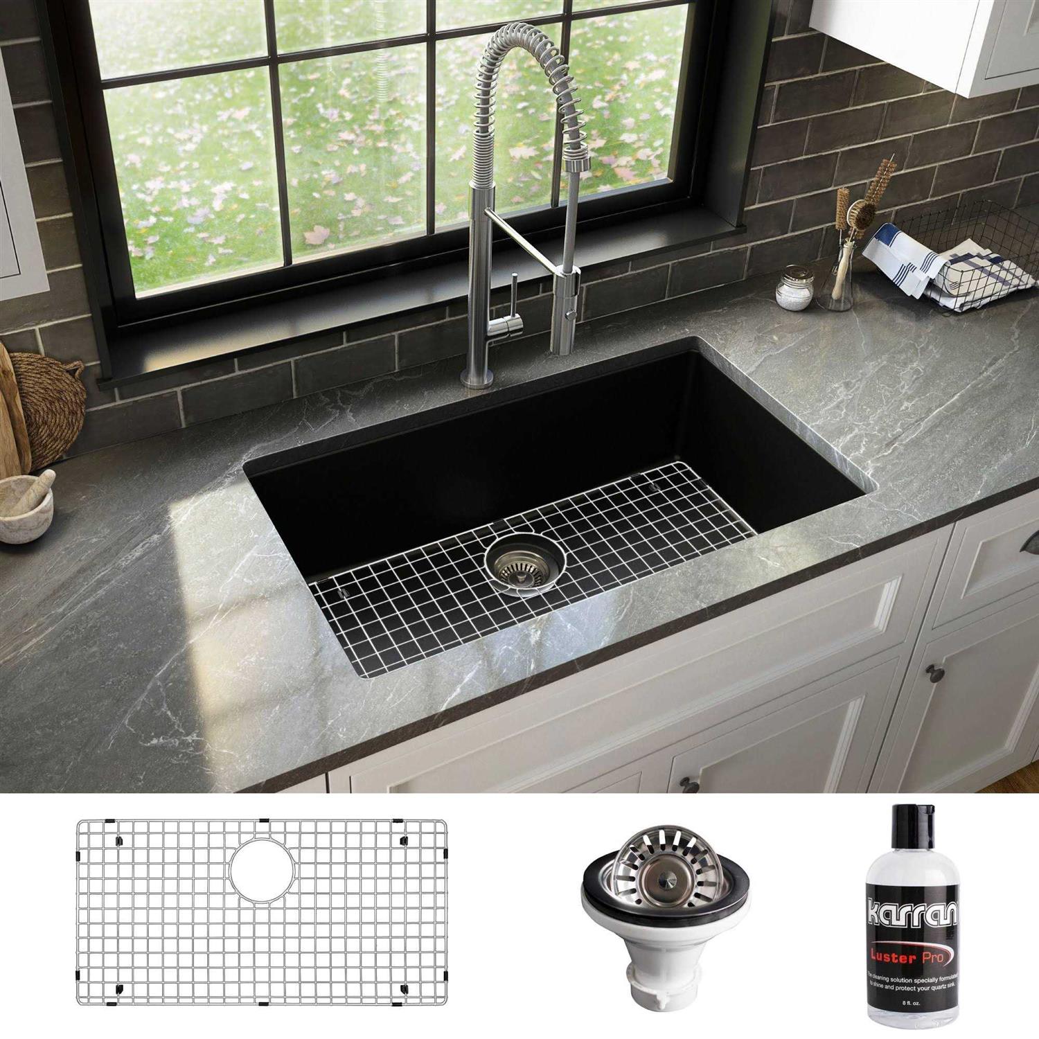 Karran QU-812 Undermount 32.5 in. Large Single Bowl Quartz Kitchen Sink Kit - Cheap Fitting