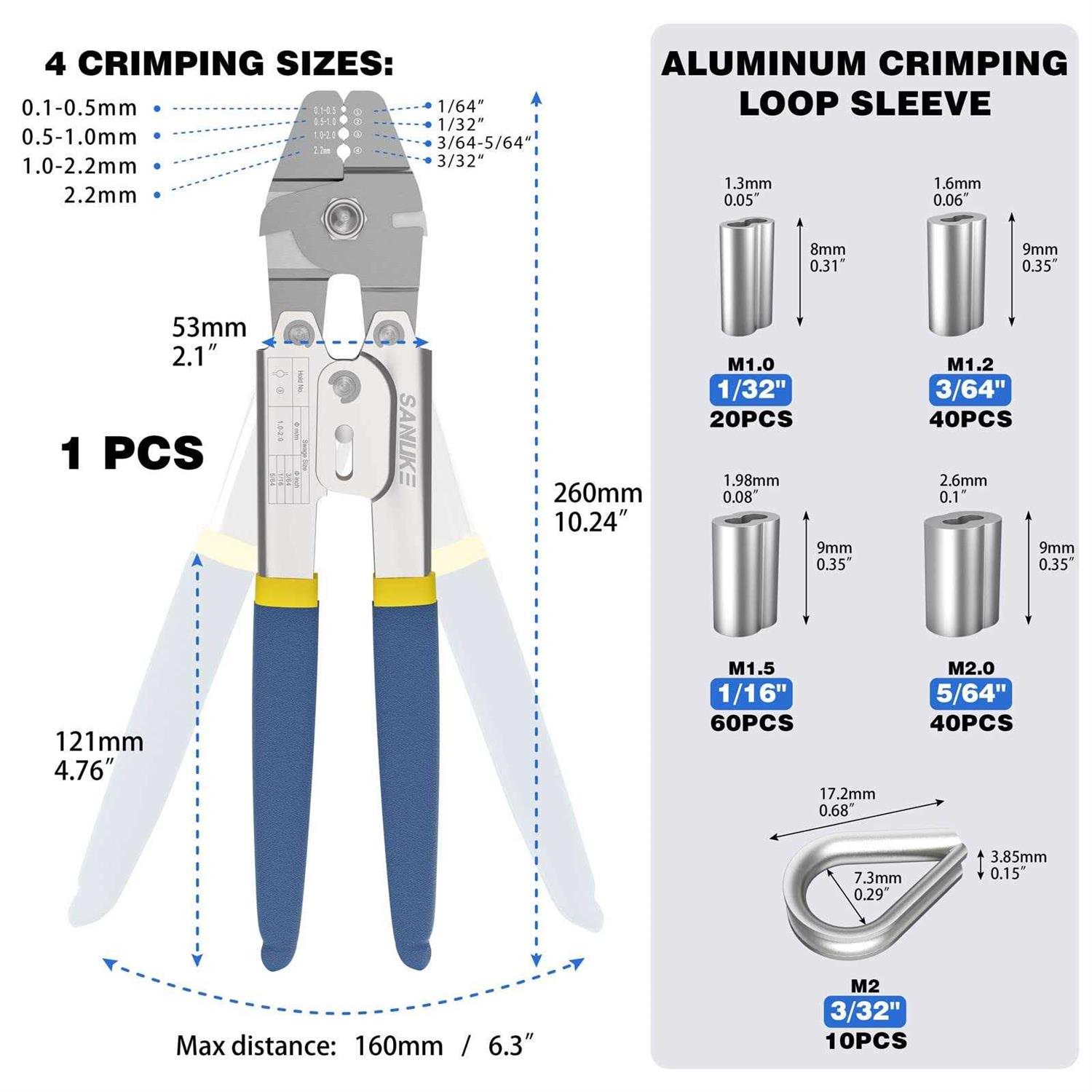 Sanuke Wire Rope Crimping Swaging Tool Cable Crimps up to 2.2mm with 160pcs 4sizes Aluminum Double Barrel Ferrule Loop Sleeve and 10pcs - Cheap Fitting