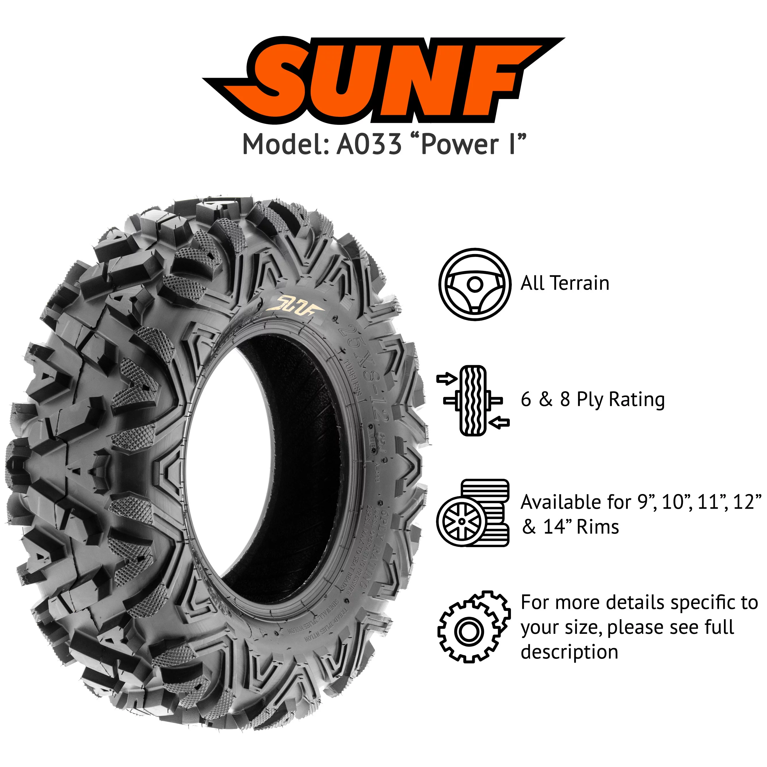 SunF All Terrain ATV UTV Tires 25x8-12 25x8x12 6 PR A033 (Single) - Cheap Fitting