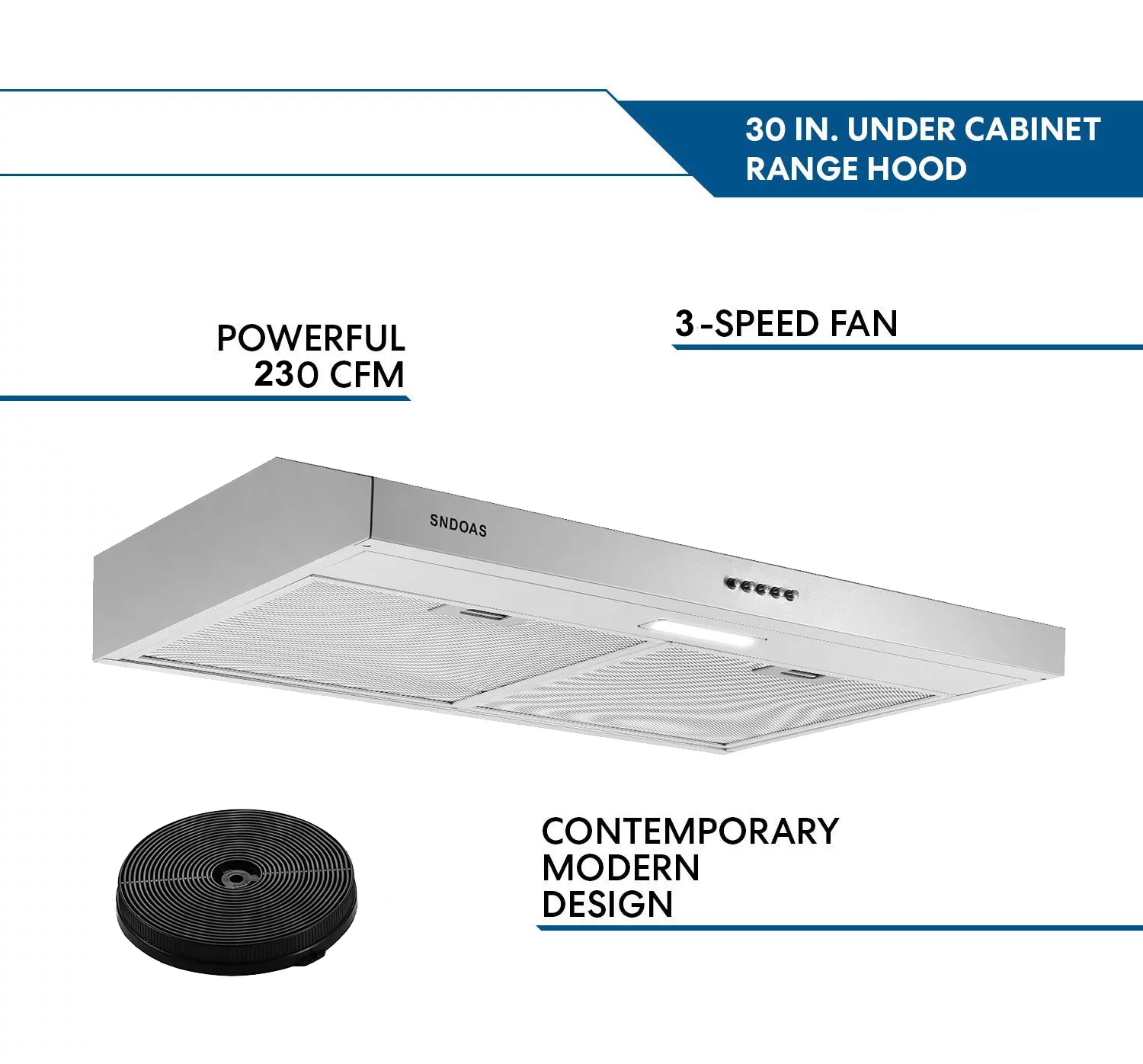 Range Hood 30-inch Under Cabinet Vent Hood 230 CFM Kitchen Hood Stainless Steel 3-Speed - Cheap Fitting