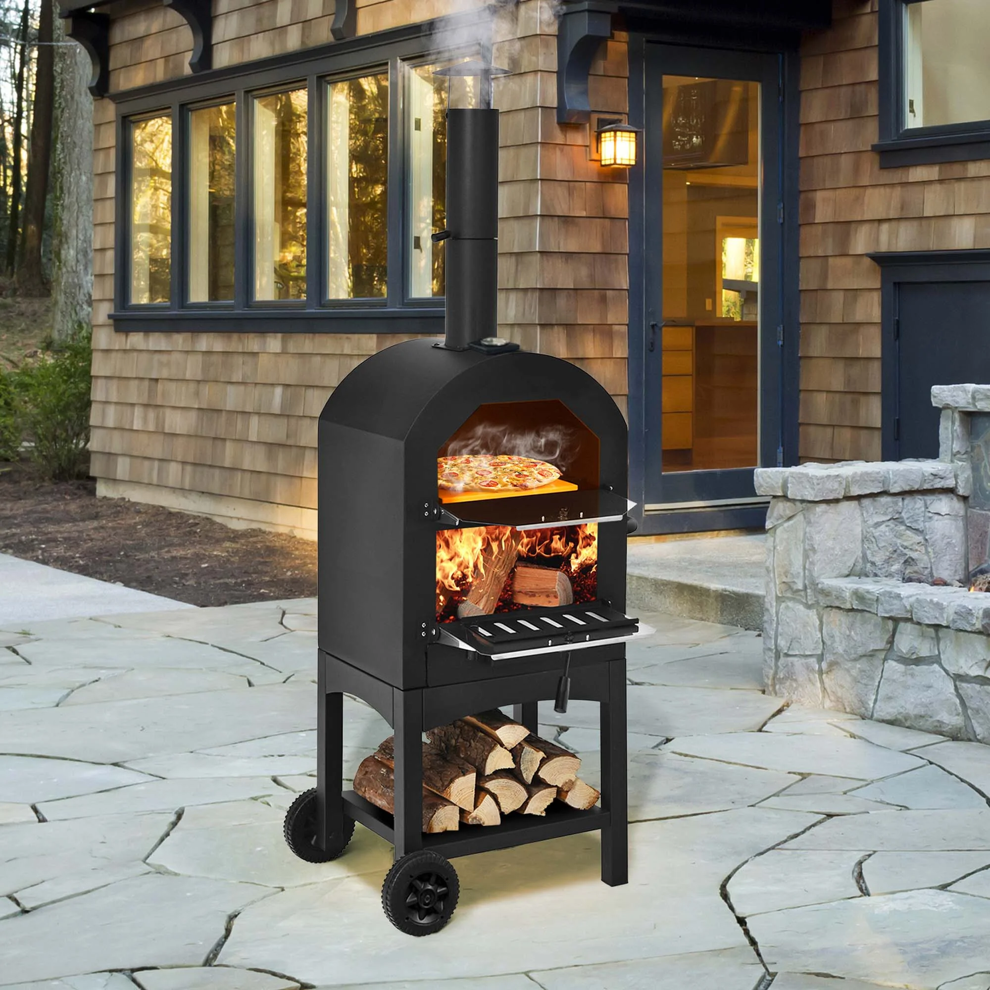 Costway Outdoor Pizza Oven Wood Fire Pizza Maker Grill w/ Pizza Stone & Waterproof Cover - Cheap Fitting
