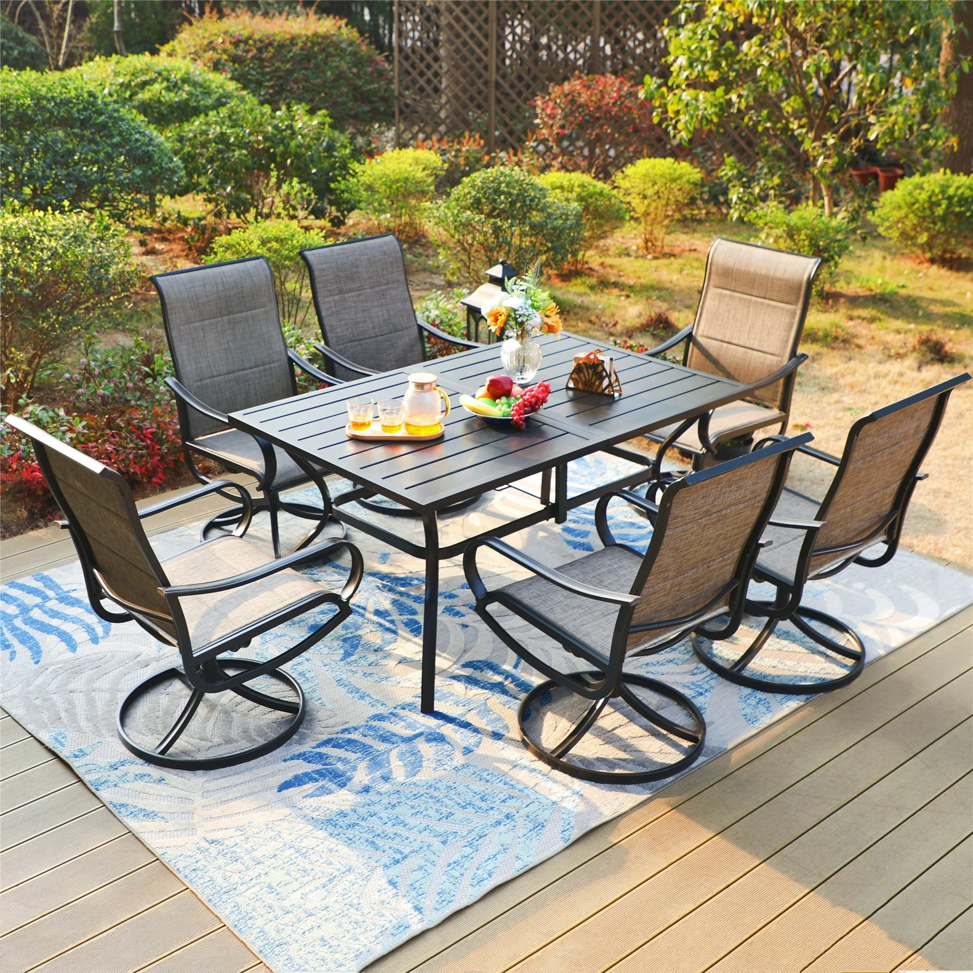 MF Studio 7-Piece Patio Dining Set with 6 High-Back Swivel Padded Sling Chairs & Rectangular Table, Black & Gray-Brown - Cheap Fitting
