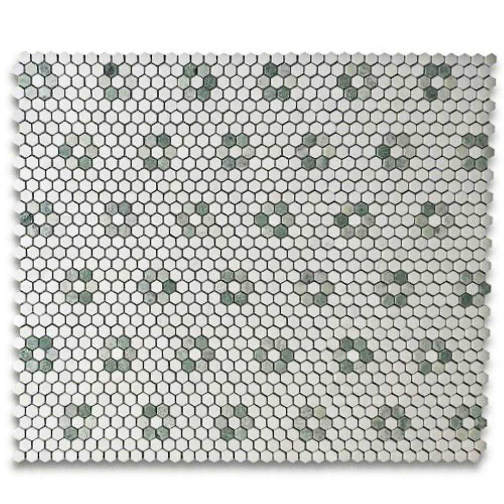 Marble Online Ming Green Thassos White Rosette Marble Hexagon Mosaic Tile - Cheap Fitting