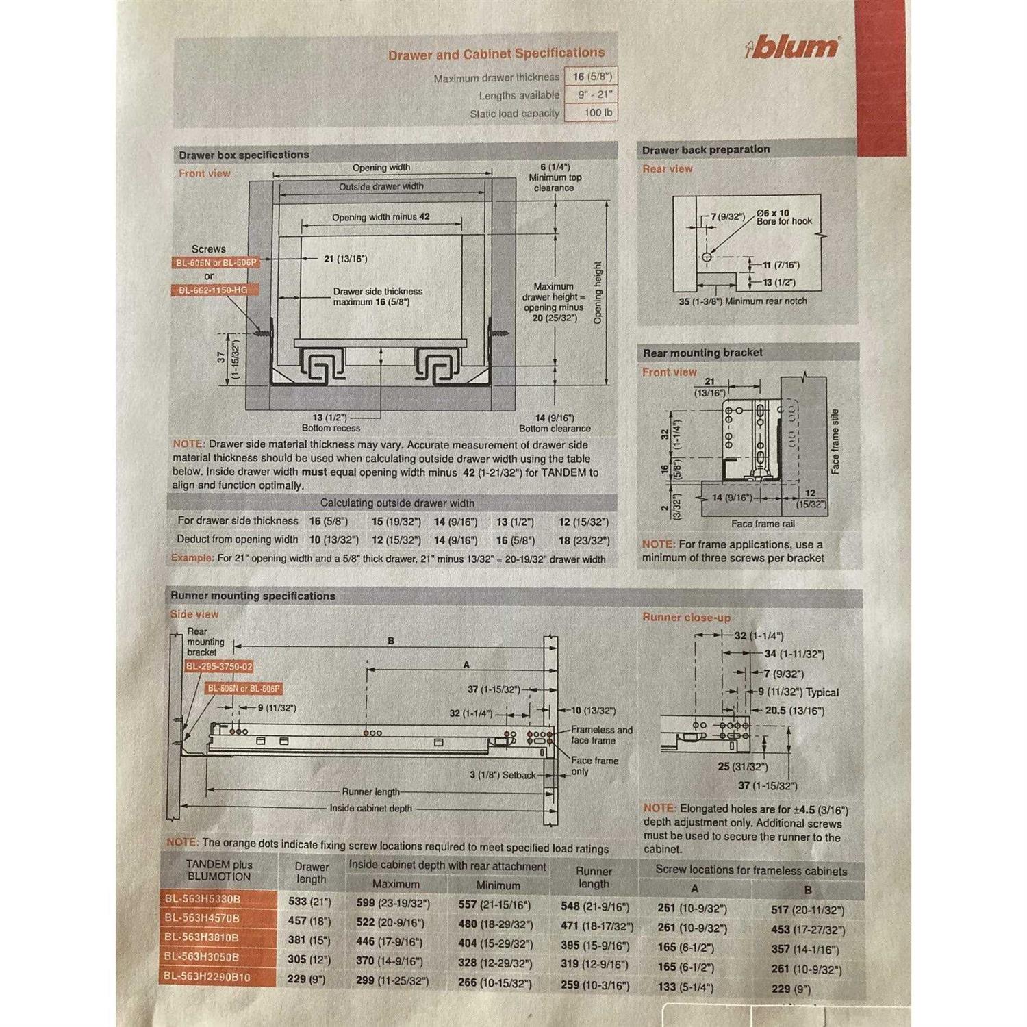 blum tandem plus blumotion drawer slides complete pair, with runners 563h, locking devices, rear mounting brackets and screws - Cheap Fitting