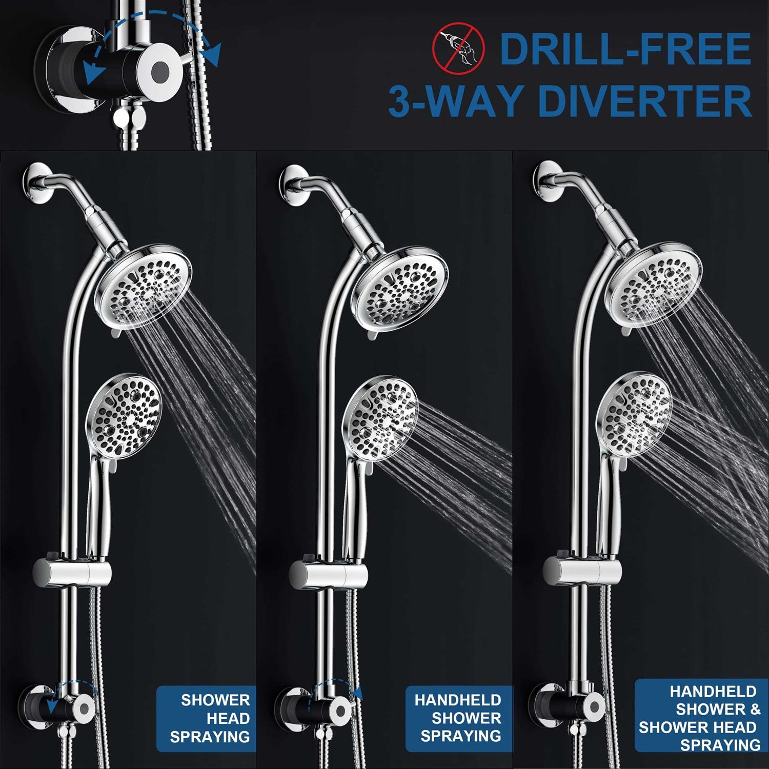 egretshower High Pressure Handheld/rain 82-mode 3-way Shower Head Combo with 25.75 Adjustable Drill-free Stainless Steel Slide Bar - Cheap Fitting