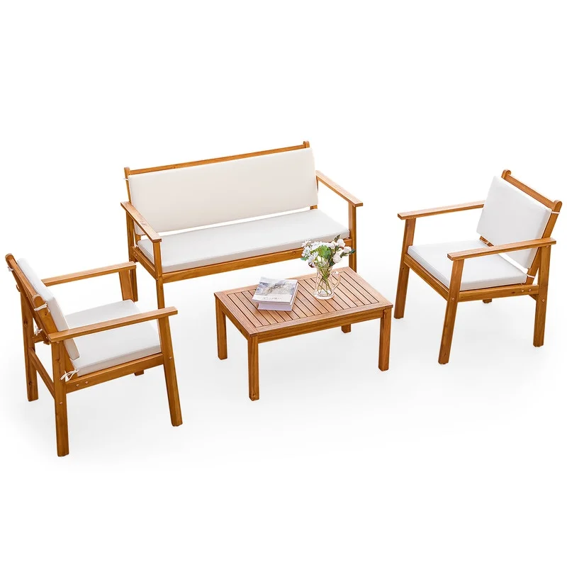 Devoko 4pcs Patio Wood Furniture Sets with Cushion and Table, Outdoor Acacia Conversation Chair and Table Sets, Beige - Cheap Fitting