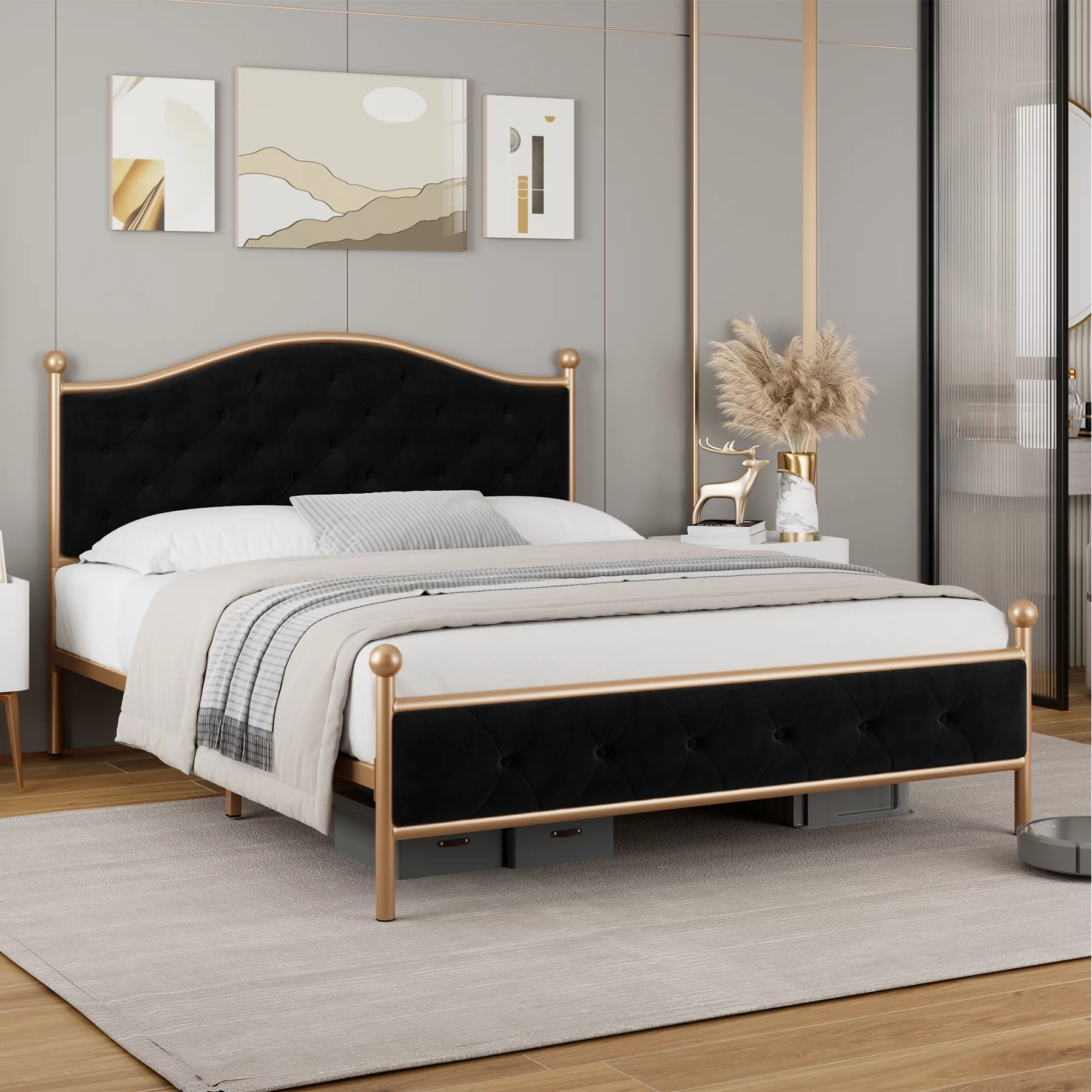 Homfa Queen Size Headboard Bed Frame for Bedroom, Button Tufted Upholstered Platform Bed with Support Legs, No Box Spring Needed, Black - Cheap Fitting