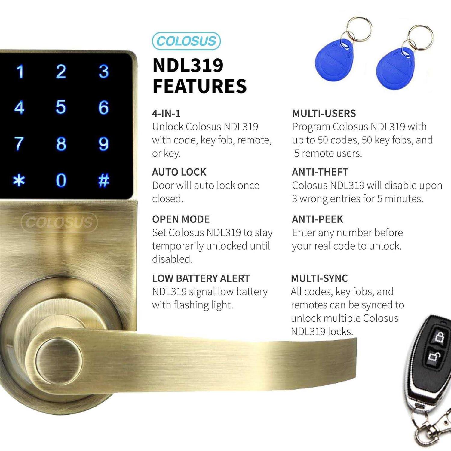 Colosus Keyless Electronic Door Lock, Touchscreen with Key Fobs and Remote - Cheap Fitting
