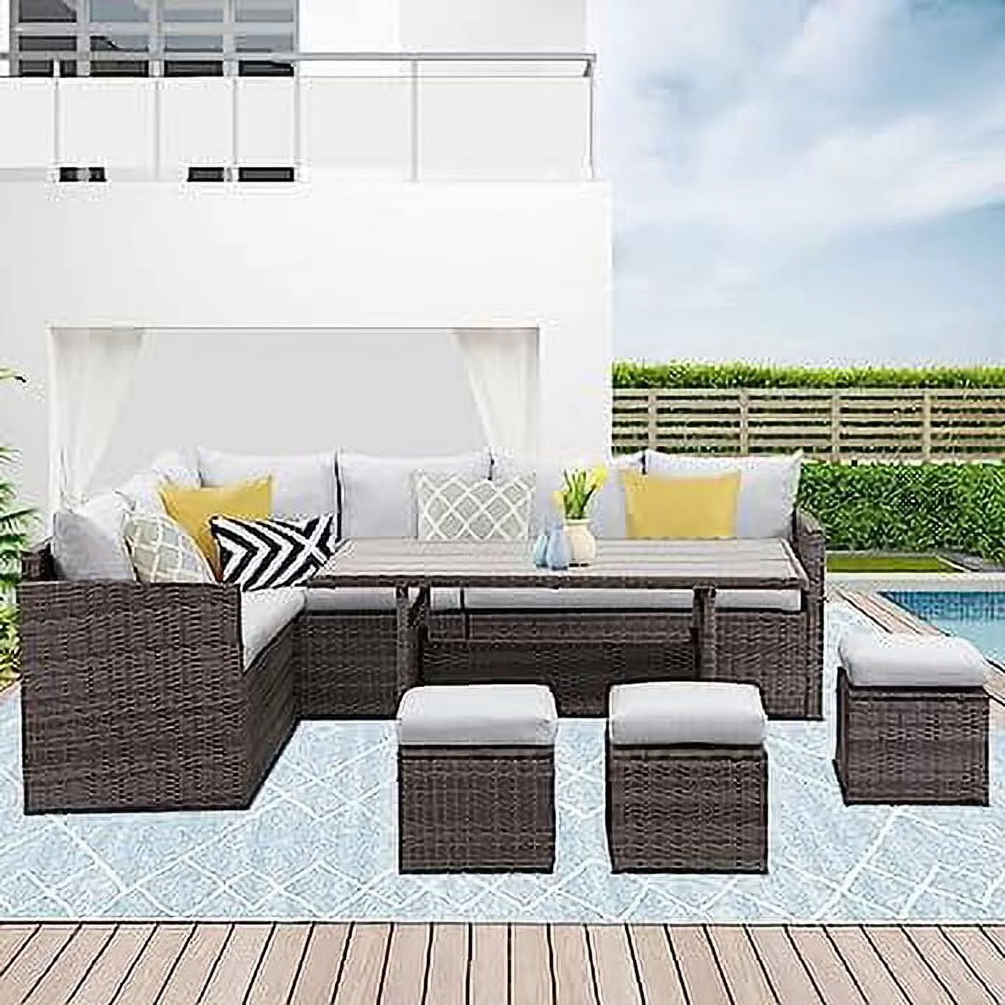 CozyHom 7 Pcs Outdoor Patio PE Wicker Sectional Dining Sofa Furniture Set, Rattan Sectional Conversation Furniture Set With Dining Table, Beige - Cheap Fitting