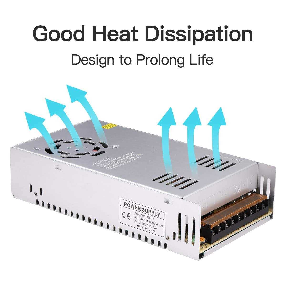 GESD DC 12V 30A Power Supply 360W Universal Regulated Switching AC to DC Converter AC110V/220V Transformer Driver Adapter for LED Strip Light - Cheap Fitting