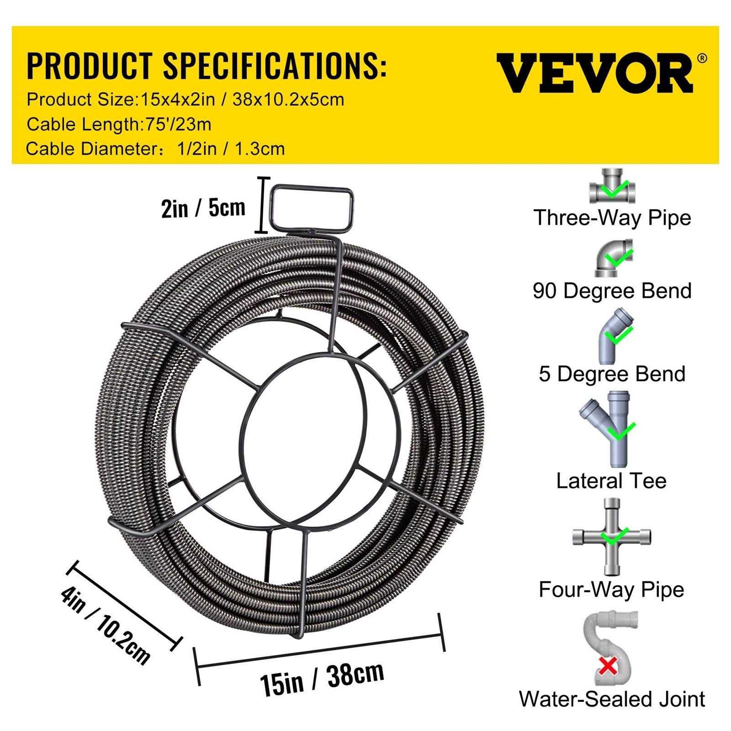 VEVOR Drain Cable Sewer Cable Drain Cleaning Cable Auger Snake Pipe GDGJTZ75FT1200001V0 - Cheap Fitting