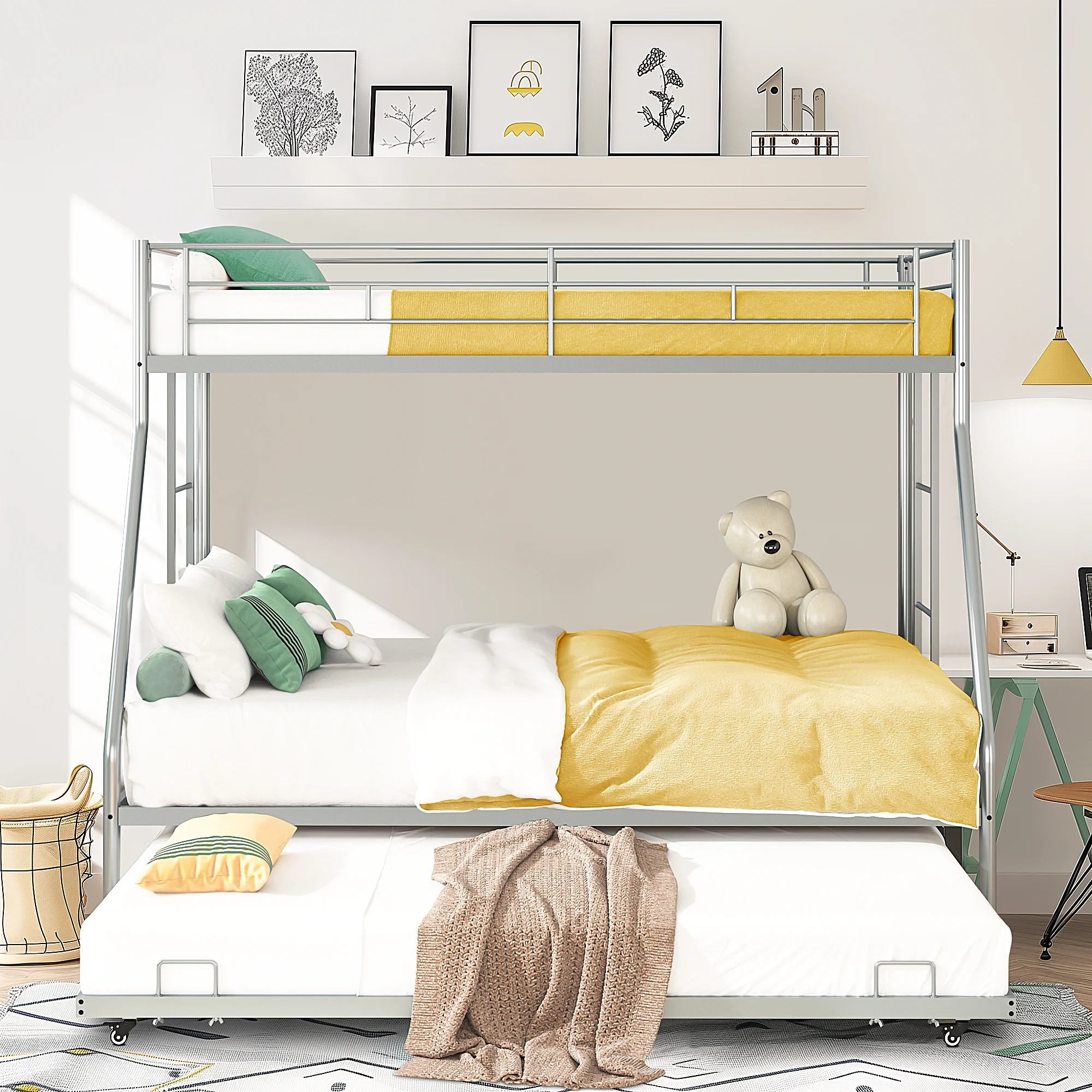 Metal Twin Over Full Bunk Beds with Trundle Bed, Paproos Metal Bunk Beds for Kids Teens Adults with Side Ladders, Twin Over Full Size Bunkbed Frame, No Box Spring Needed, CPC Certification, Silver - Cheap Fitting