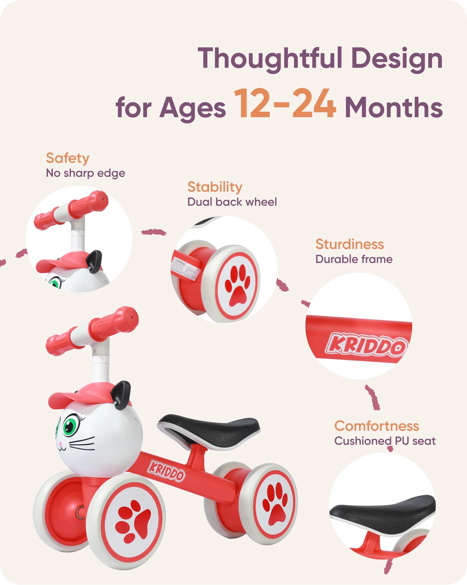 KRIDDO Baby Balance Bike for 1-2 Year Old Boy and Girl, Toddler Mini Bike for One Year Old First Birthday Gifts Baby Toys 12 Months to 2 Year Old Ride-on Toys Gifts Indoor Outdoor Balance Bike, Rabbit - Cheap Fitting