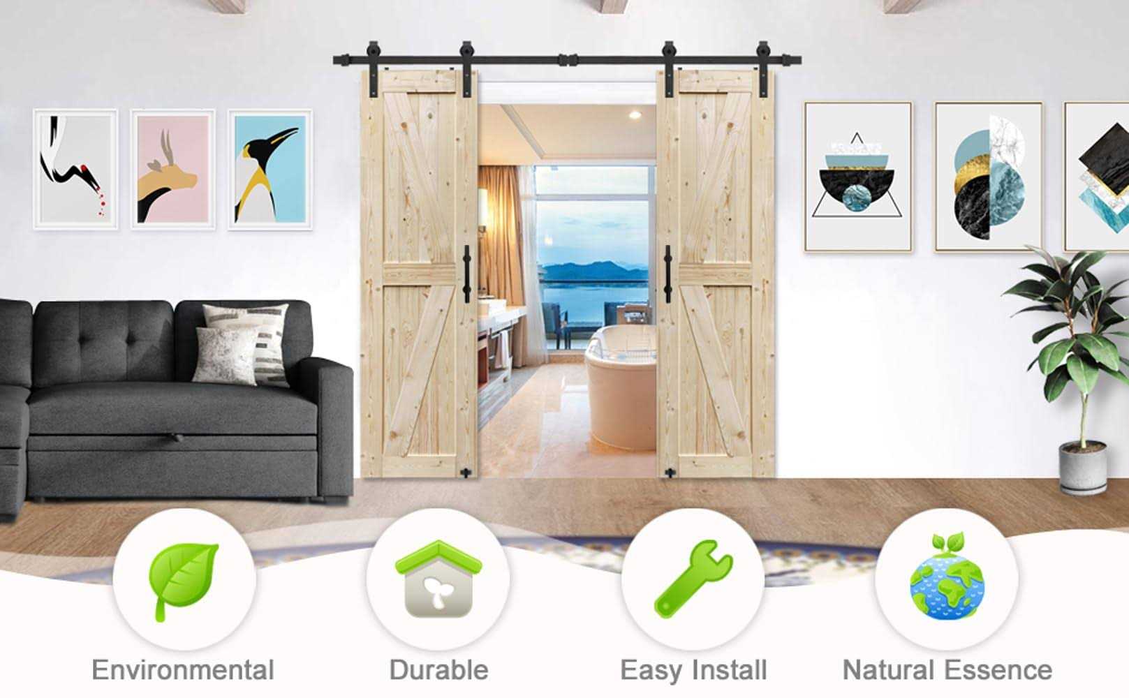 Paneled Wood Unfinished Double Barn Door with Installation Hardware Kit S&Z TOPHAND - Cheap Fitting