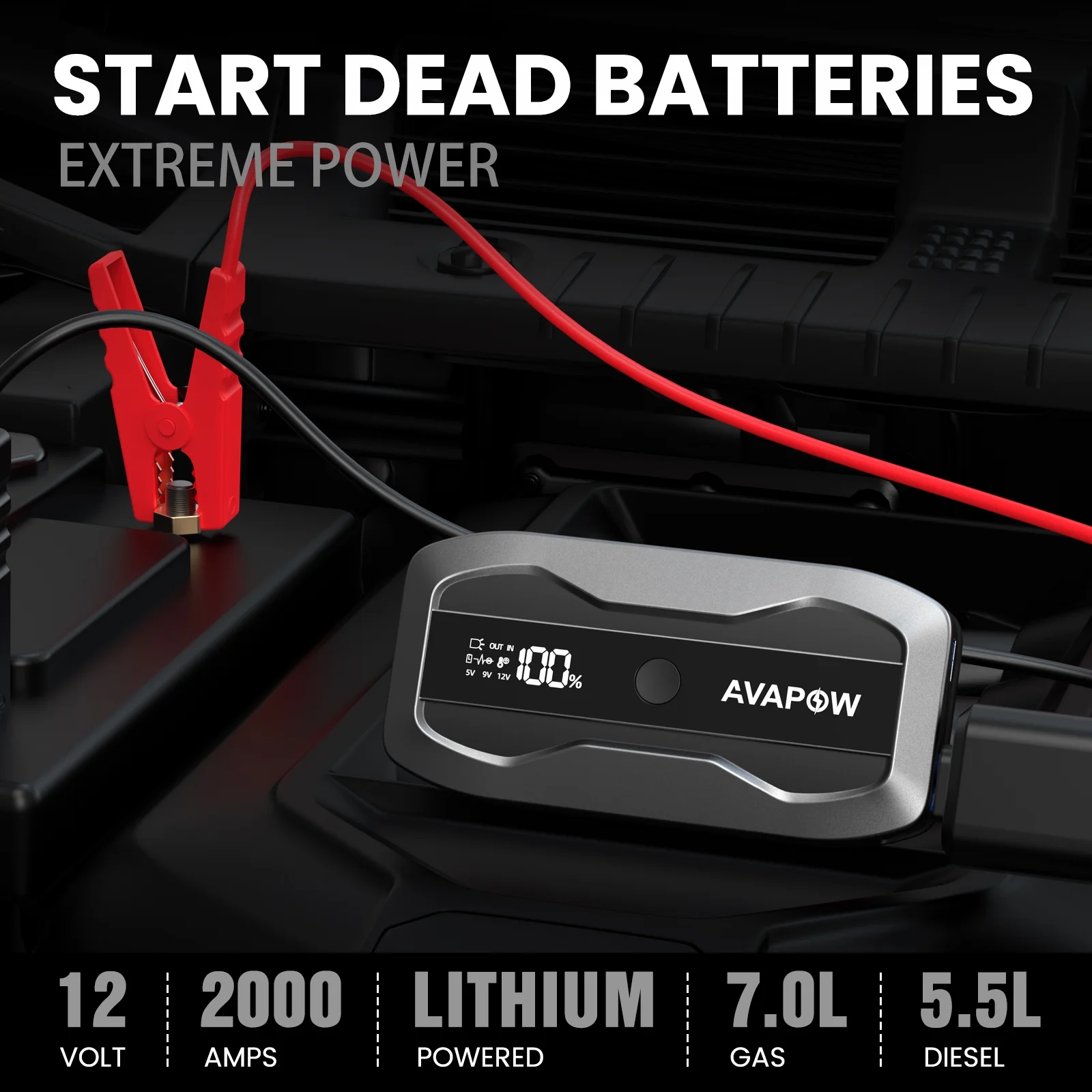 AVAPOW 2000A Car Jump Starter Powerful Car Jump Starter with USB Quick Charge and DC Output, 12V Peak Portable with Built-in LED Bright Light - Cheap Fitting