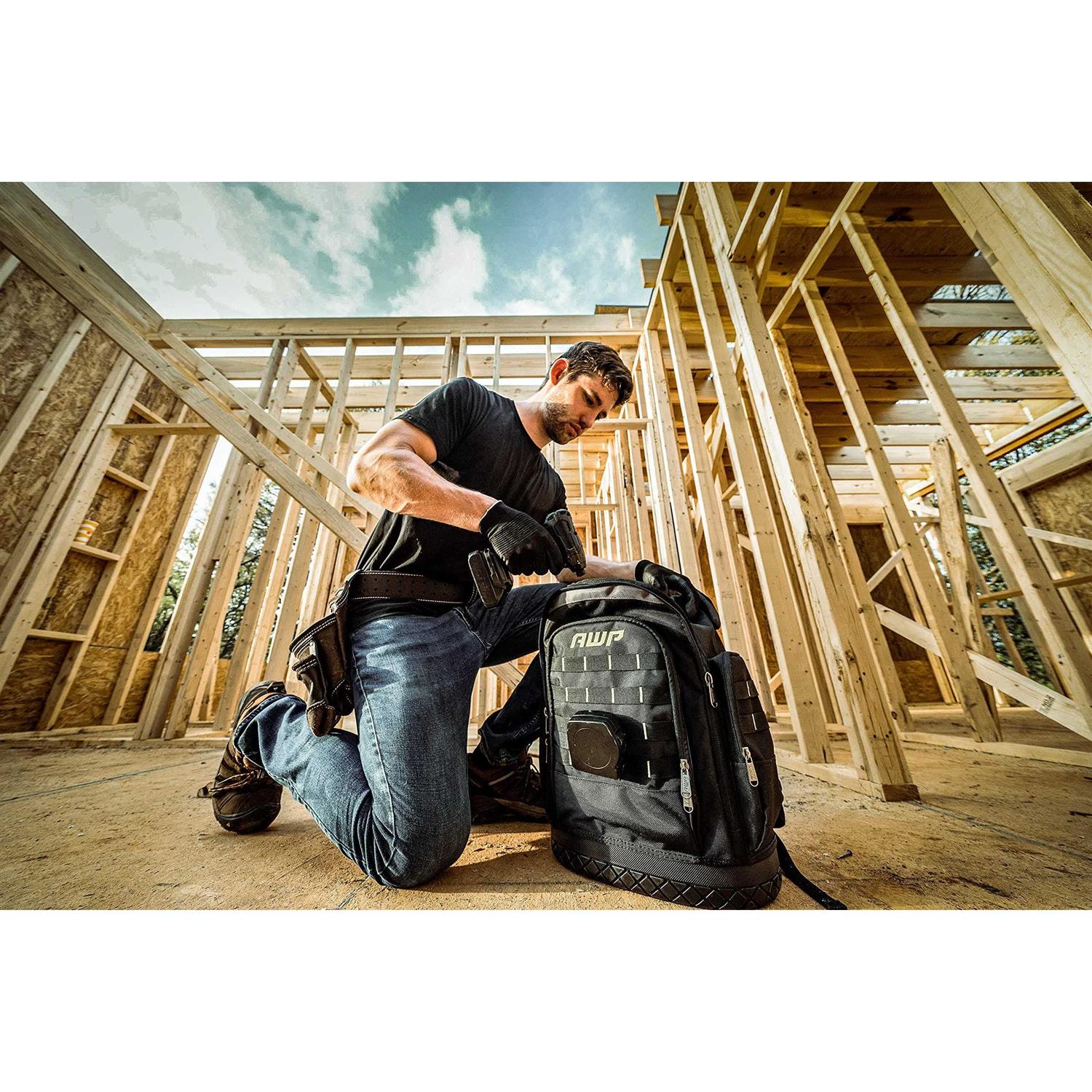 AWP Extreme Tool Backpack rugged polyester jobsite Backpack with waterproof molded base & Padded Shoulder and Waist Straps - Cheap Fitting