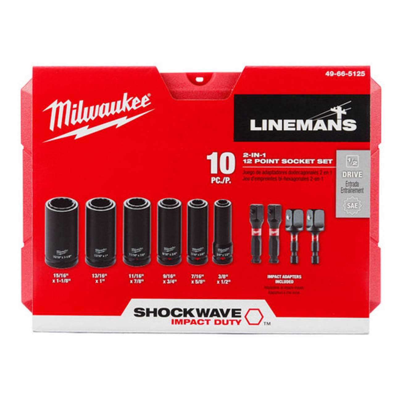 Milwaukee 49-66-5125 Shockwave Lineman’s 10PC 2 in 1 12PT Socket Set - Cheap Fitting