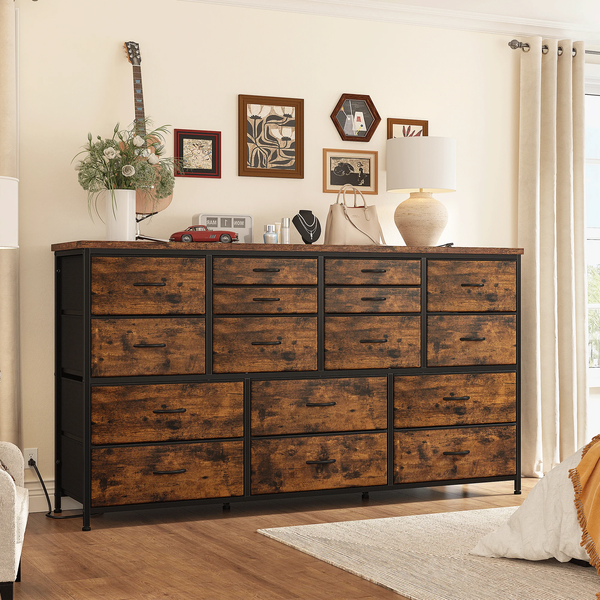 EnHomee Wide Dresser with 16 Drawers TV Stand with Power Outlet White Dresser for Bedroom Fabric Dresser TV Stands for living Room/Bedroom,51.1