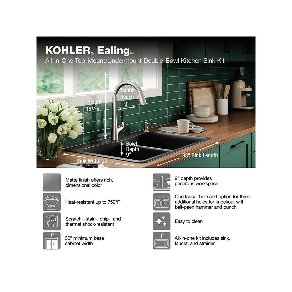 KOHLER Ealing Dual-mount 33-in x 22-in Matte Black Composite Double Equal Bowl 2-Hole Kitchen Sink All-in-one Kit R8185-2PC-CM1 - Cheap Fitting
