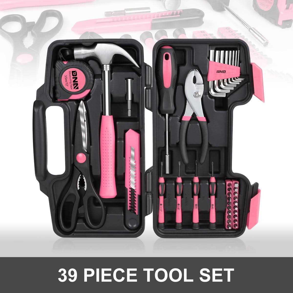 Dna Motoring Tools-00009 Pink 39 PCs Portable Tool Kit Household Hand Toolbox General Repair Screwdriver Pliers Hammer Hex Set - Cheap Fitting