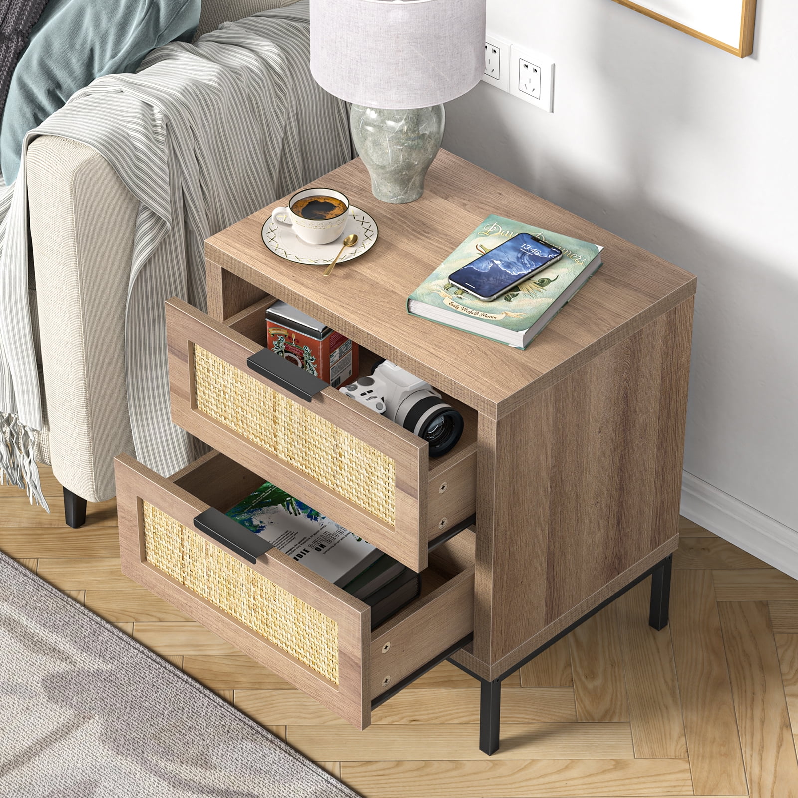Eumyviv Modern Farmhouse Nightstands with 2 Rattan Drawer,Wood Bedside Table Storage Cabinet for Bedroom, Living Room,Natural Oak H0021 - Cheap Fitting