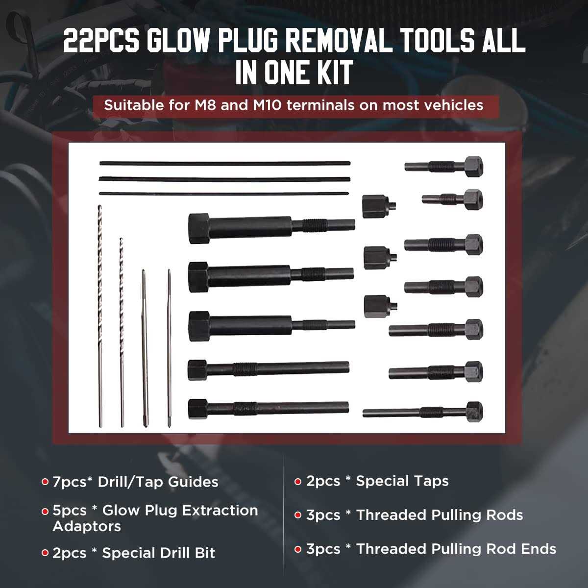 Glow Plug Removal Tool 22pcs Glow Plug Removal Tool Kit High Hardness Glow Plug Removal Tools Glow Plug Extraction Kit For M8 & M10 Glow Plug - Cheap Fitting