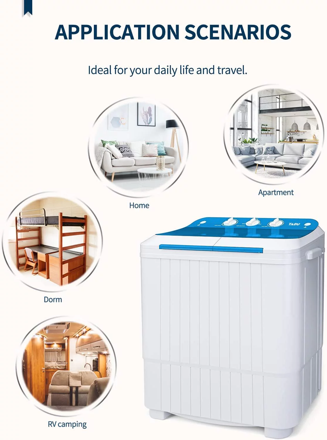 TABU Portable Washing Machine, Mini Washer, 16.5lbs Compact Twin Tub Wash&Spin Combo for Apartment, Dorms, White&Blue - Cheap Fitting