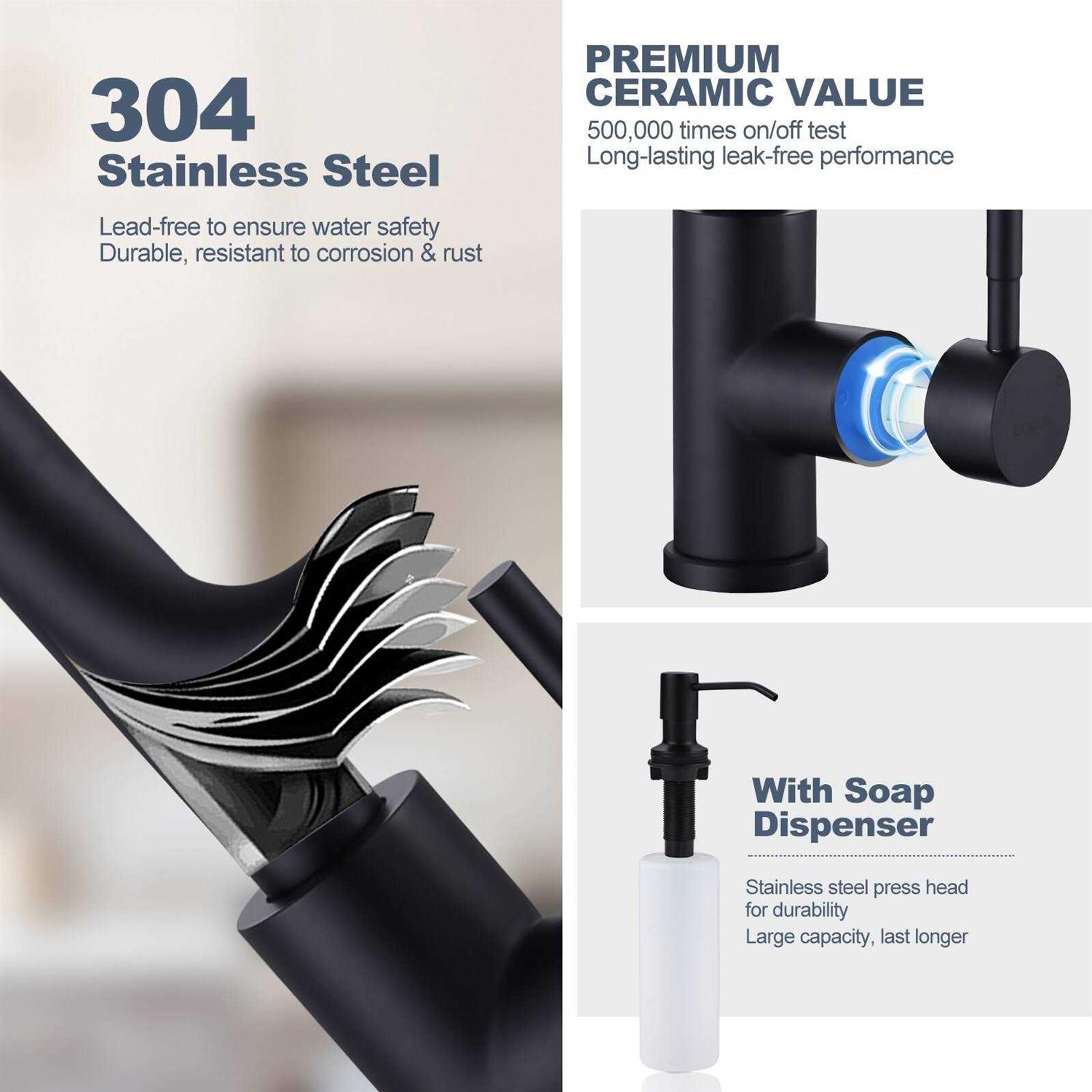 WOWOW Single Handle Pull-down Sprayer Kitchen Faucet with Side Soap Dispencer 2310301B-S-LW - Cheap Fitting