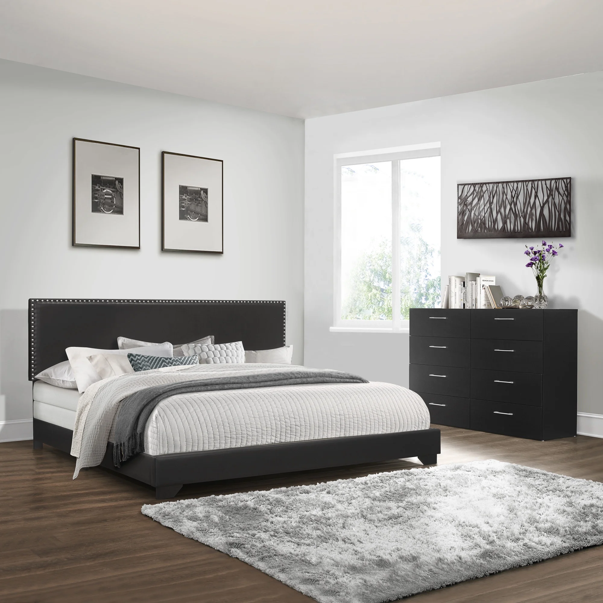 Willow Nailhead Trim Upholstered Queen Bed, Charcoal Fabric - Cheap Fitting