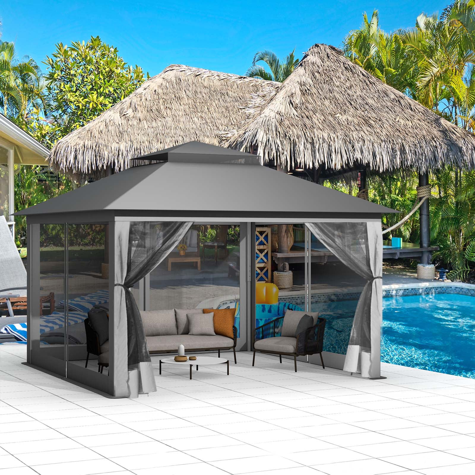 Texinpress 13 x13 ft Gazebo Tent Outdoor Pop up Gazebo Canopy Shelter with Mosquito Netting, Brown - Cheap Fitting