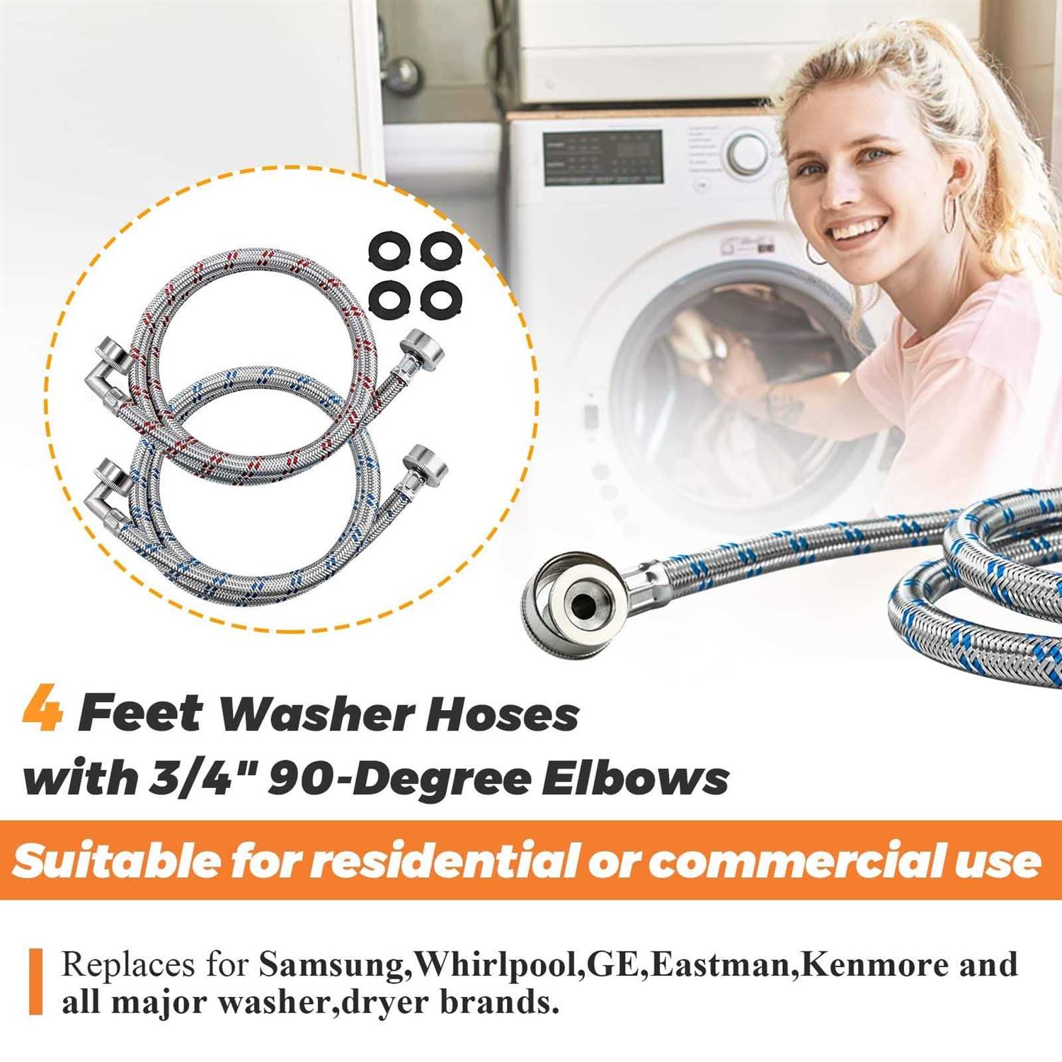 Beaquicy Washer Stainless Steel Hoses with 90 Degree Long Red and Blue Burst Proof - Cheap Fitting