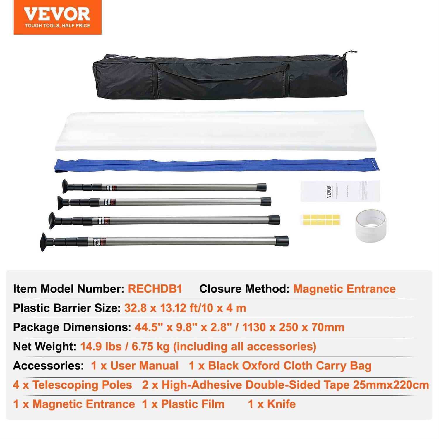 VEVOR Dust Barrier Poles, 10 Ft Spring Barrier Loaded Poles, Dust Barrier System with 4 Telescoping Poles, Magnetic Zipper, Carry Bag and 32.8×13.12 - Cheap Fitting